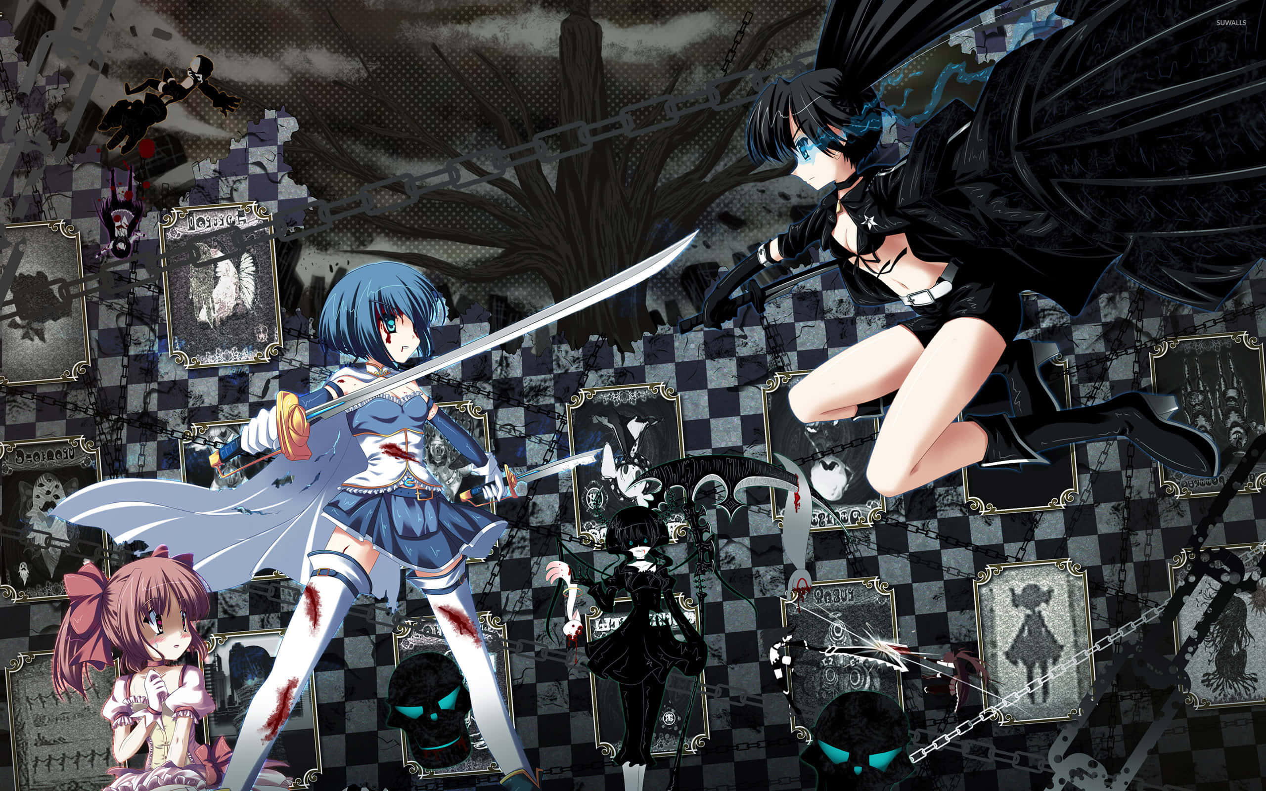 un grupo de chicas anime de pie en una habitación Fondos de pantalla