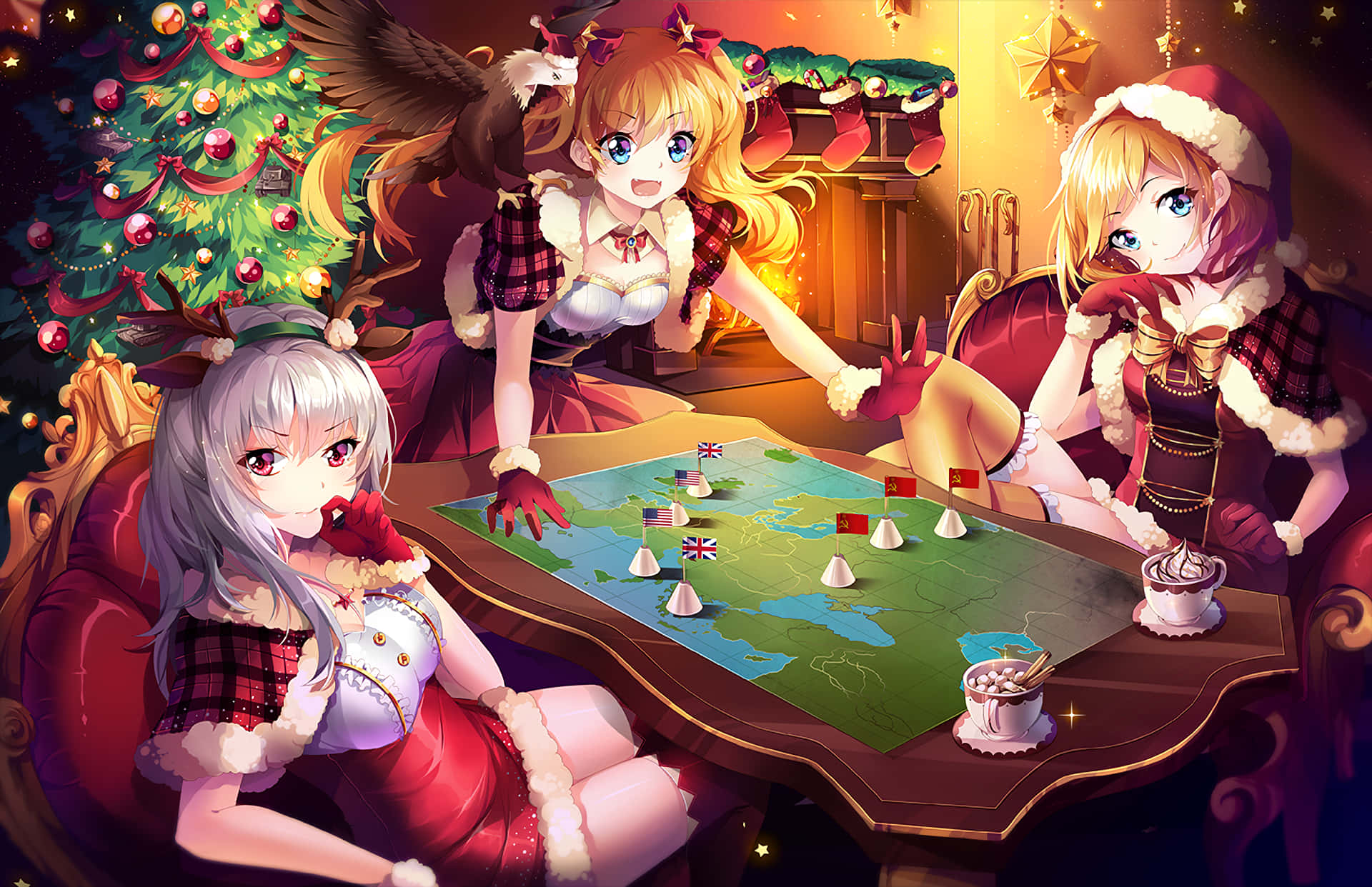 un grupo de chicas sentadas alrededor de una mesa con decoraciones navideñas Fondos de pantalla