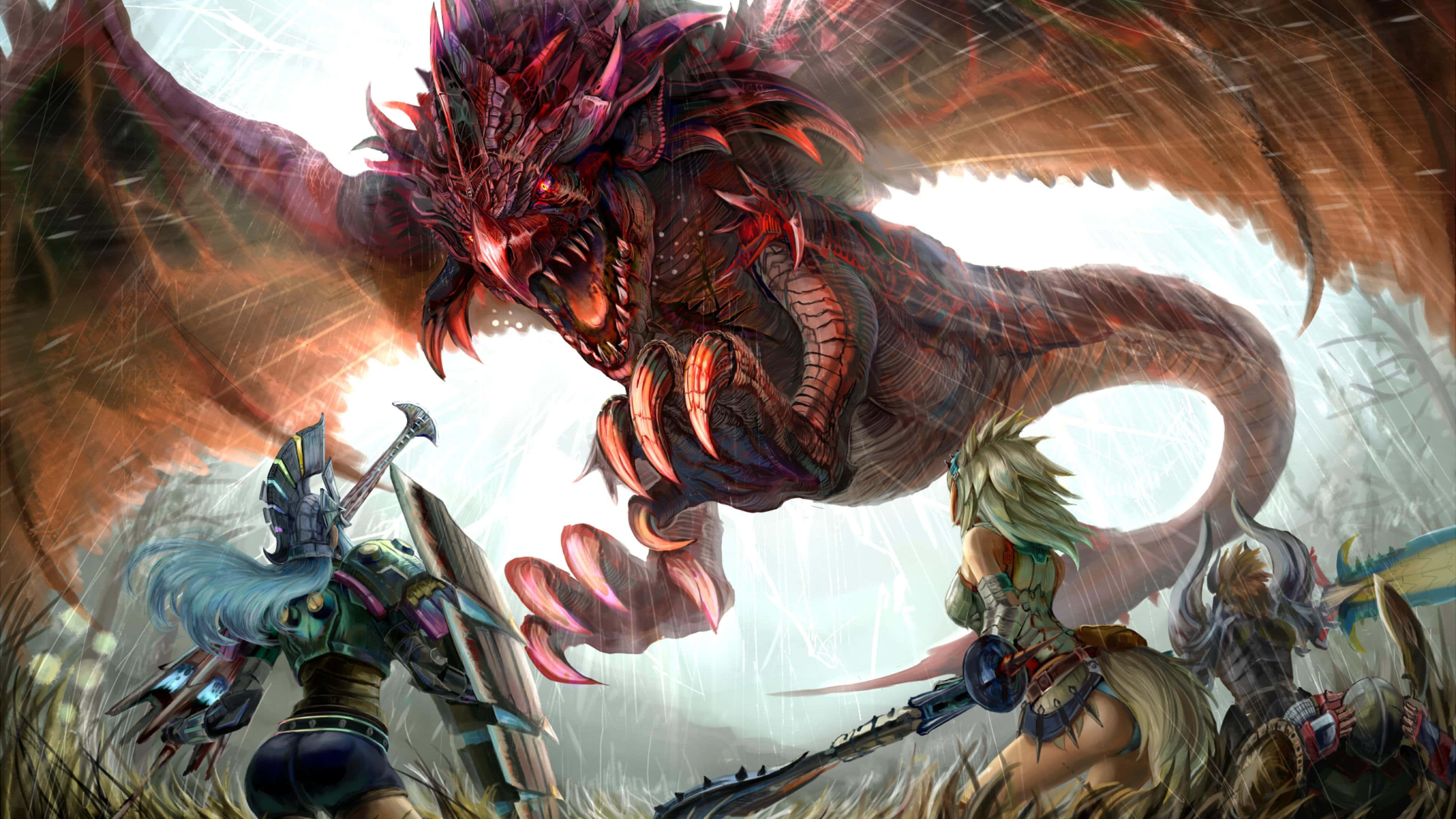 un grupo de personas luchando contra un dragón Fondos de pantalla