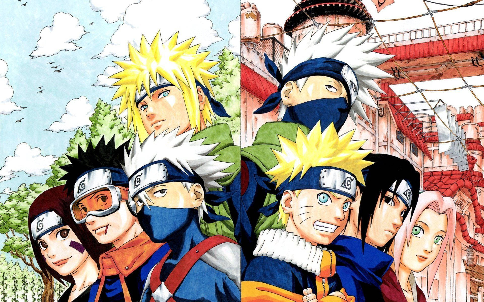 Minato con su equipo y Kakashi con su equipo, Naruto, Sasuke y Sakura.