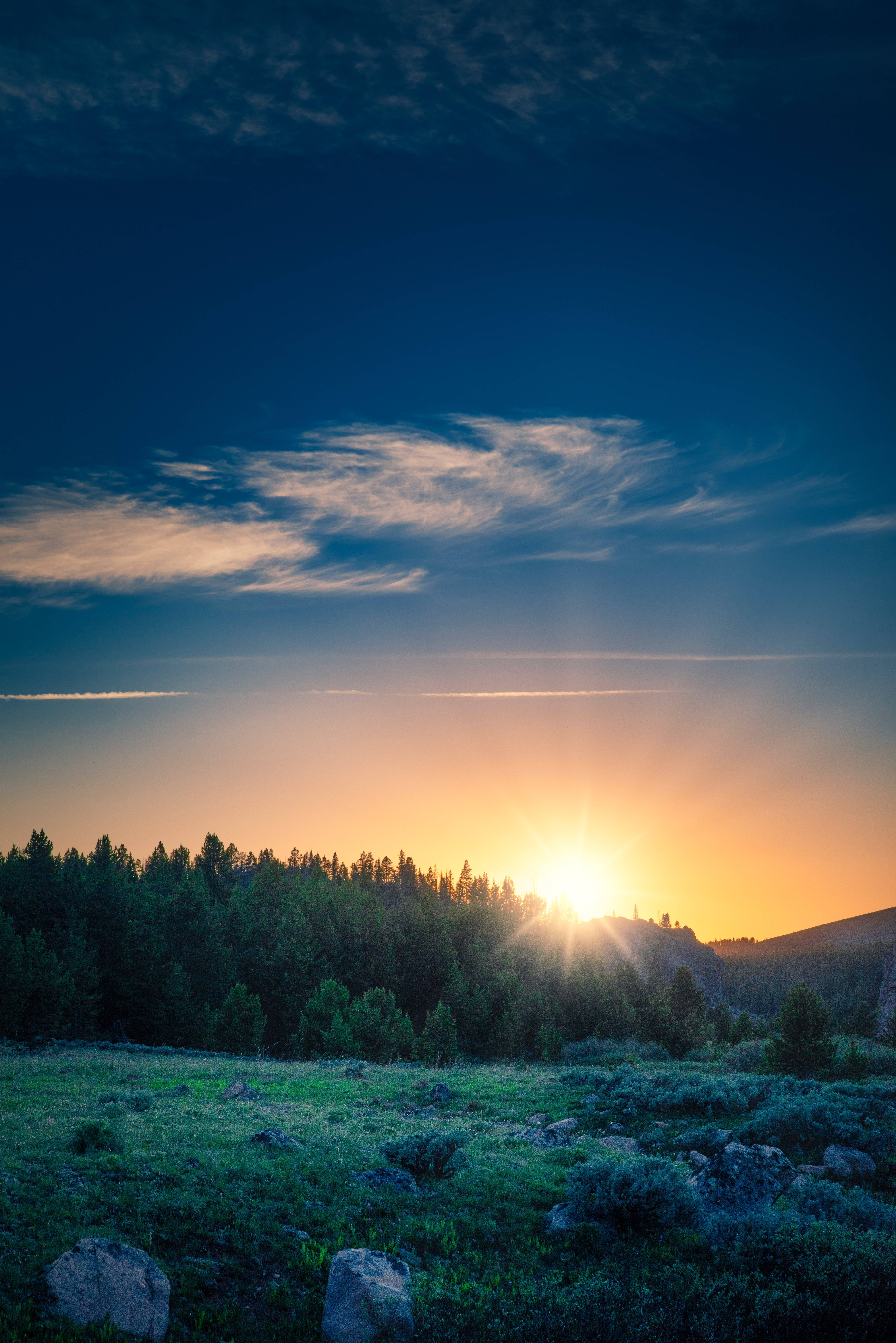Un hermoso paisaje de montaña y bosque al amanecer Fondos de pantalla
