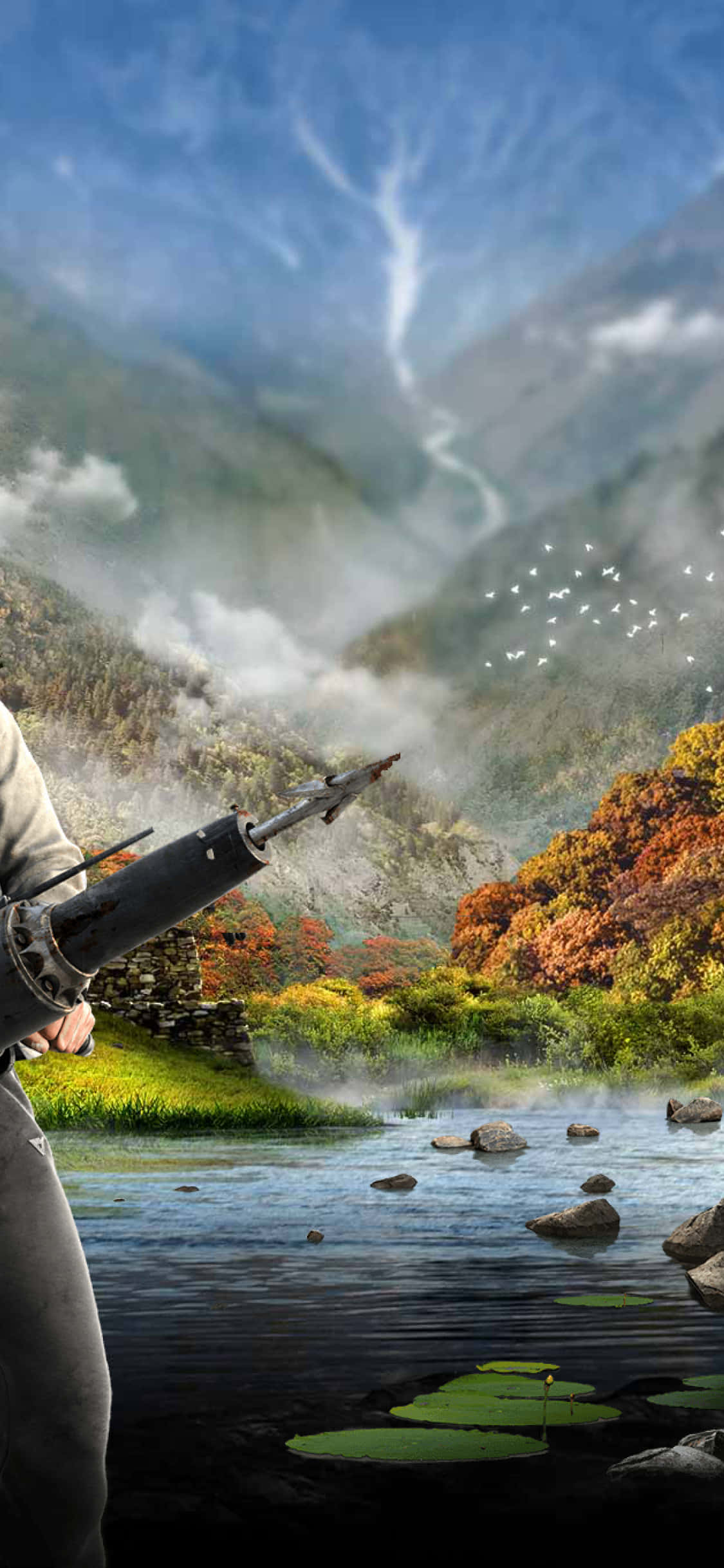 un hombre con un rifle está parado frente a un lago Fondos de pantalla