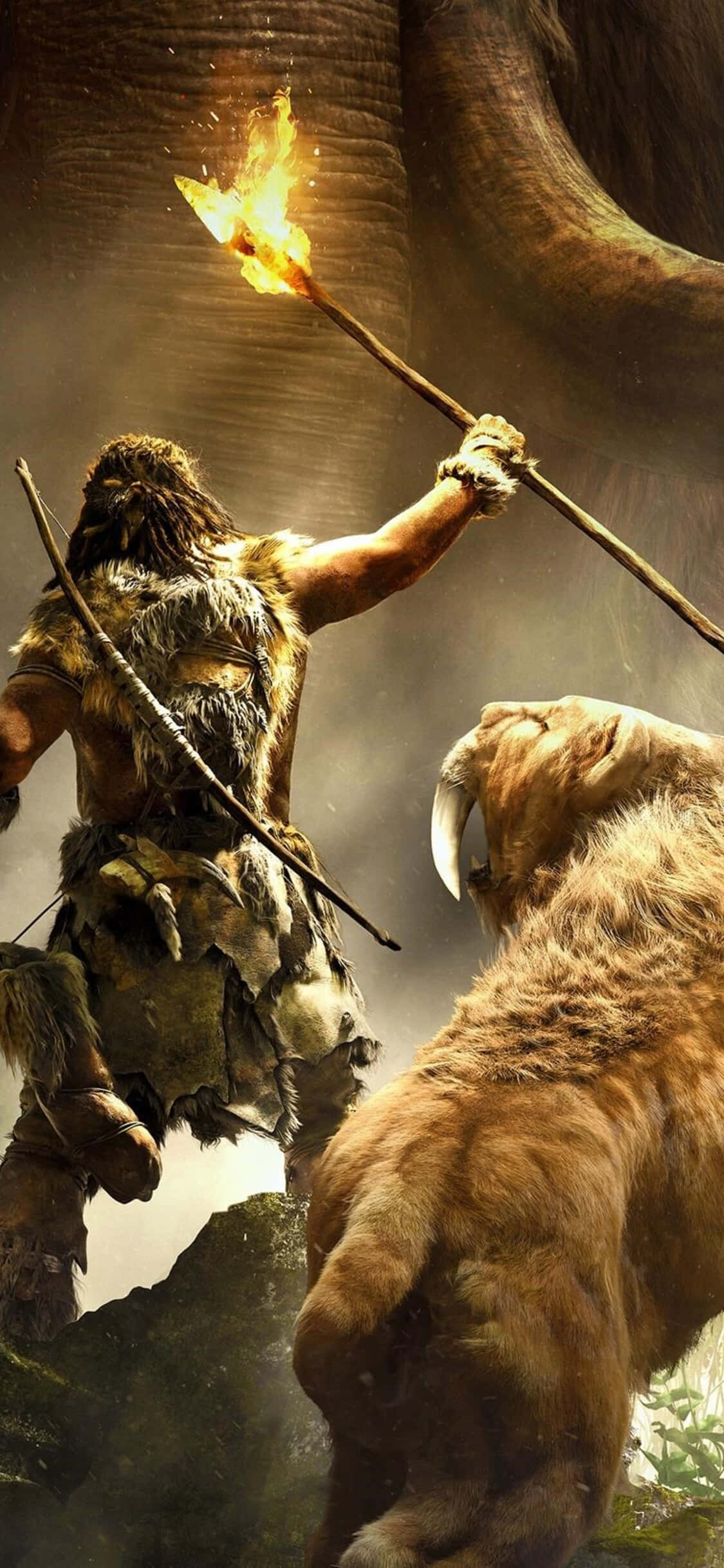 un hombre lucha contra un mamut y un oso Fondos de pantalla