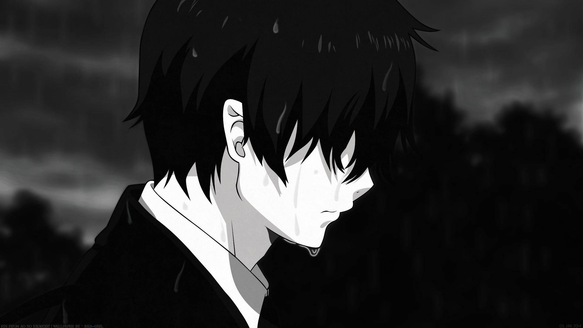 Fondo de pantalla de chico anime llorando bajo la lluvia