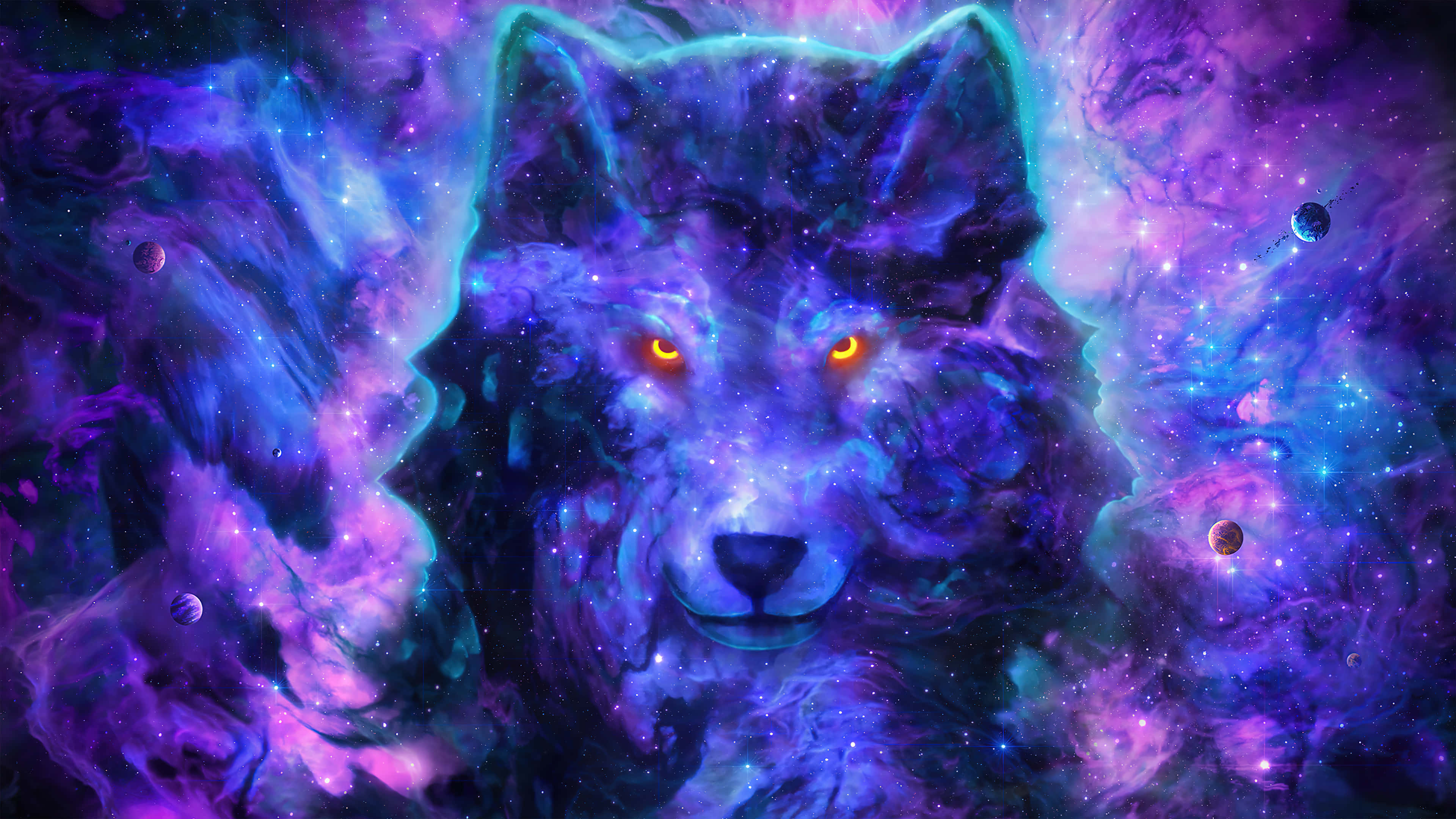 Un lobo galáctico misterioso y mágico contempla las profundidades desconocidas de las estrellas. Fondos de pantalla