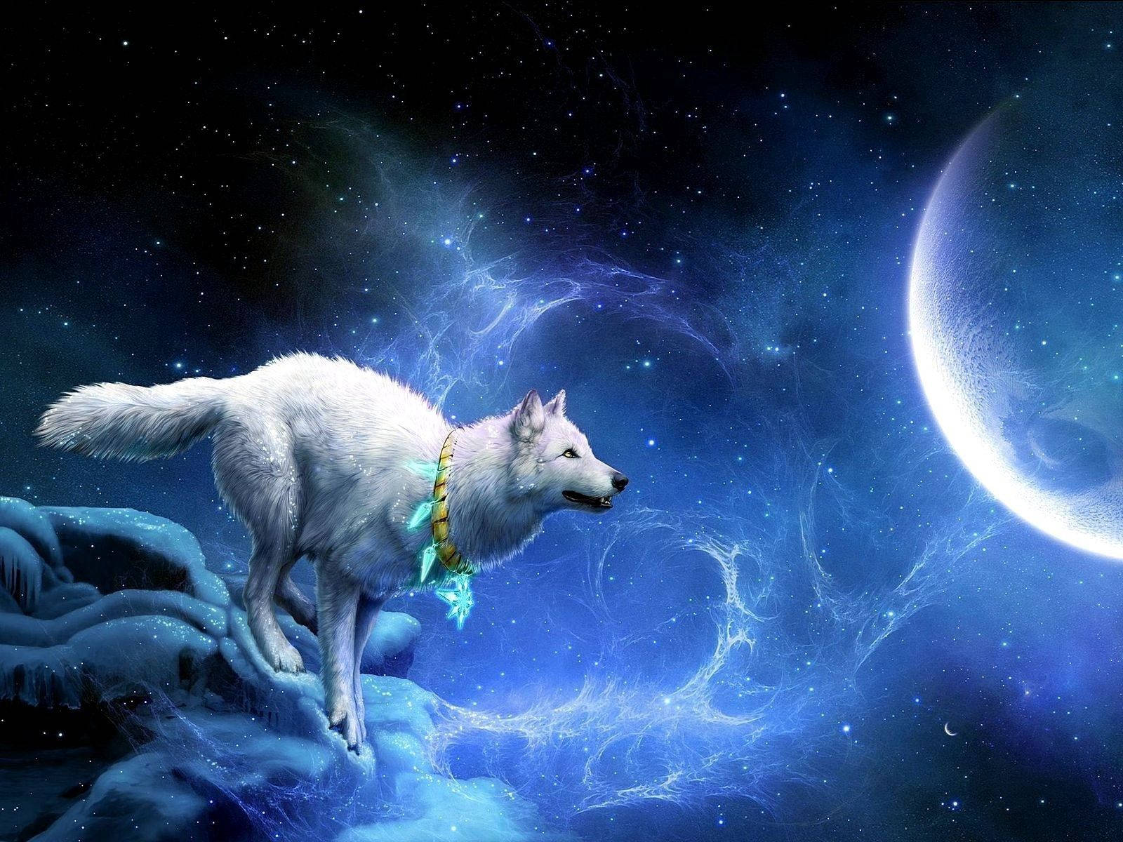 Un majestuoso lobo blanco aullando a la luna llena. Fondos de pantalla