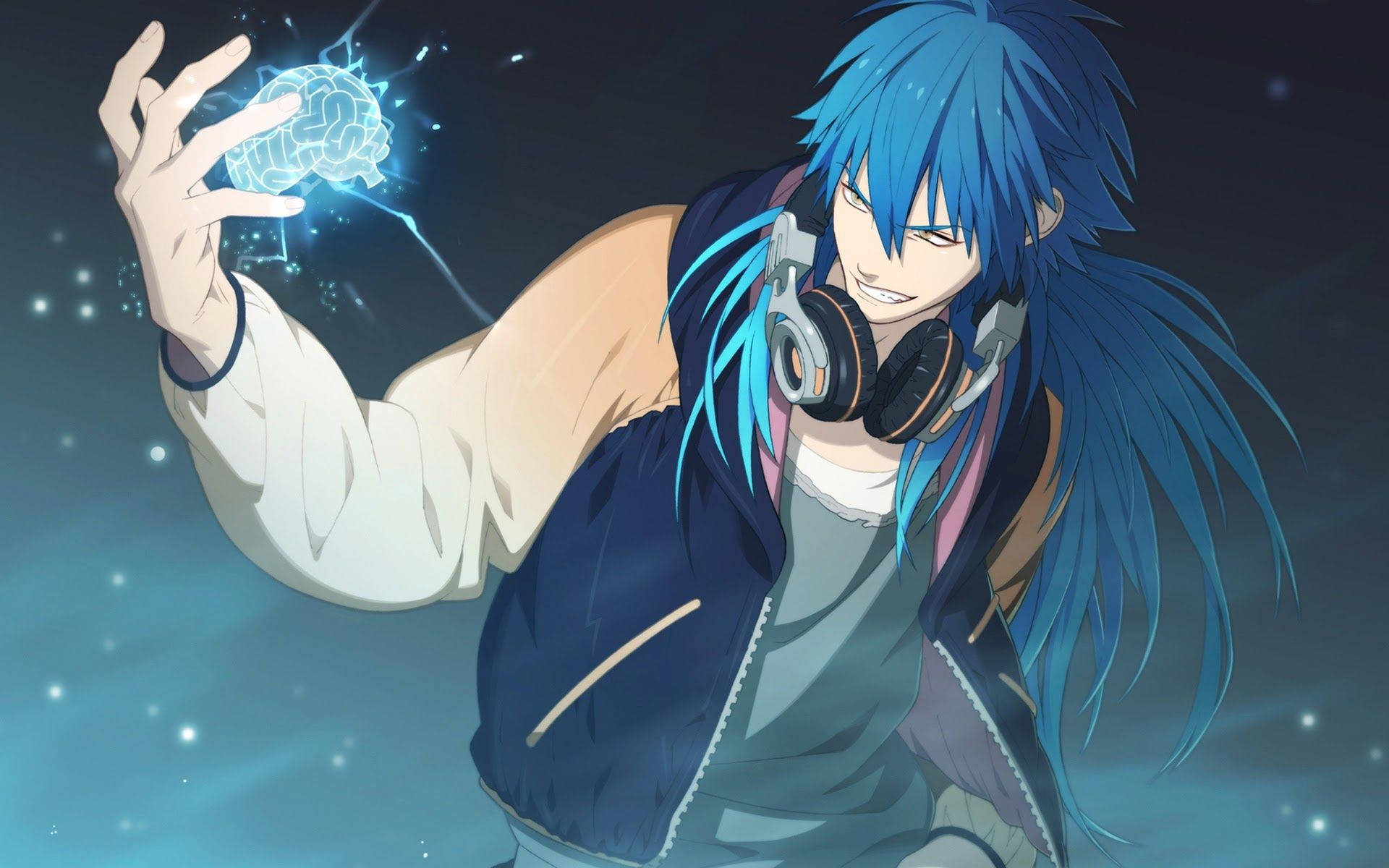Fondo de pantalla de niño anime azul con audífonos