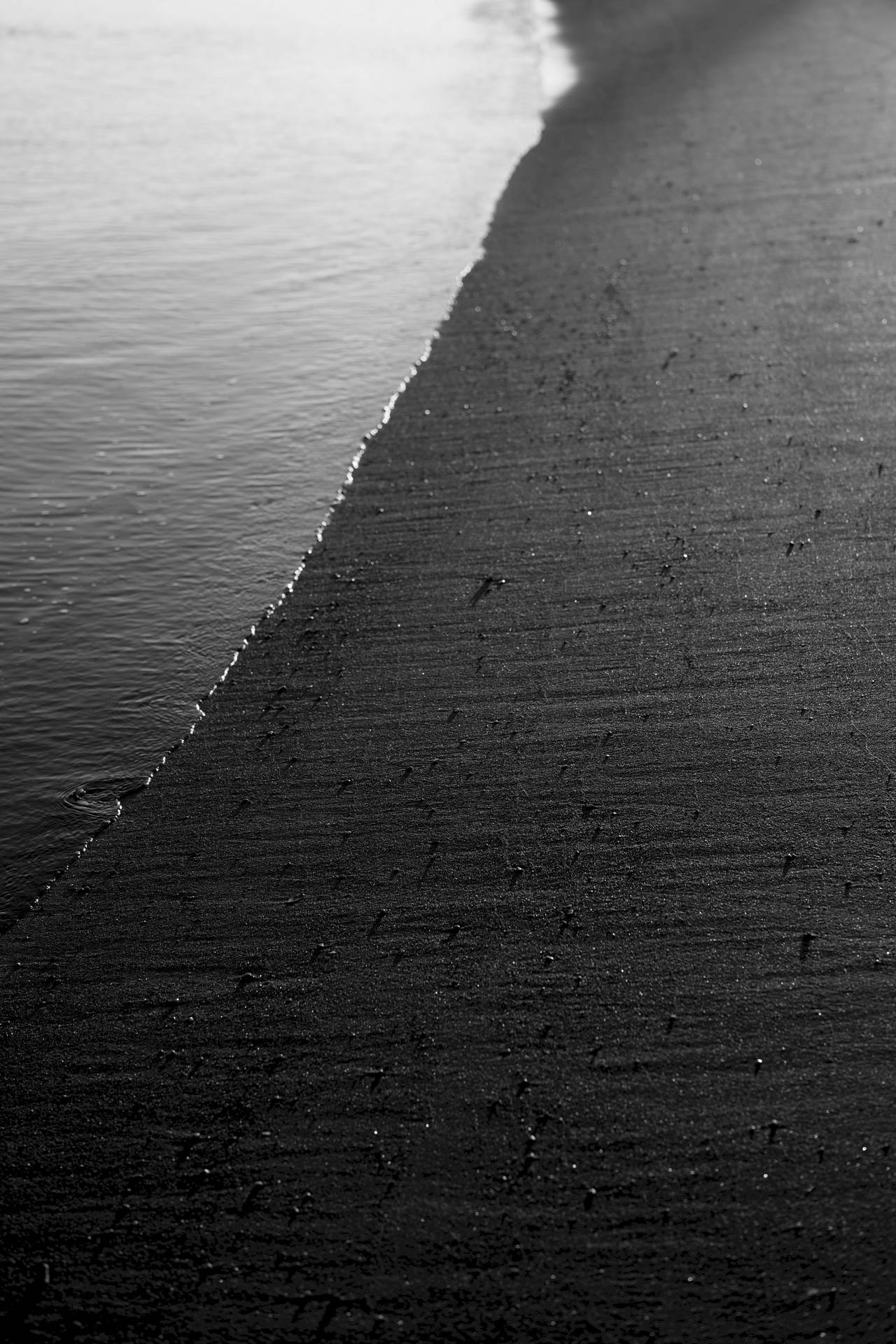 Océano y orilla en blanco y negro con arena gris.