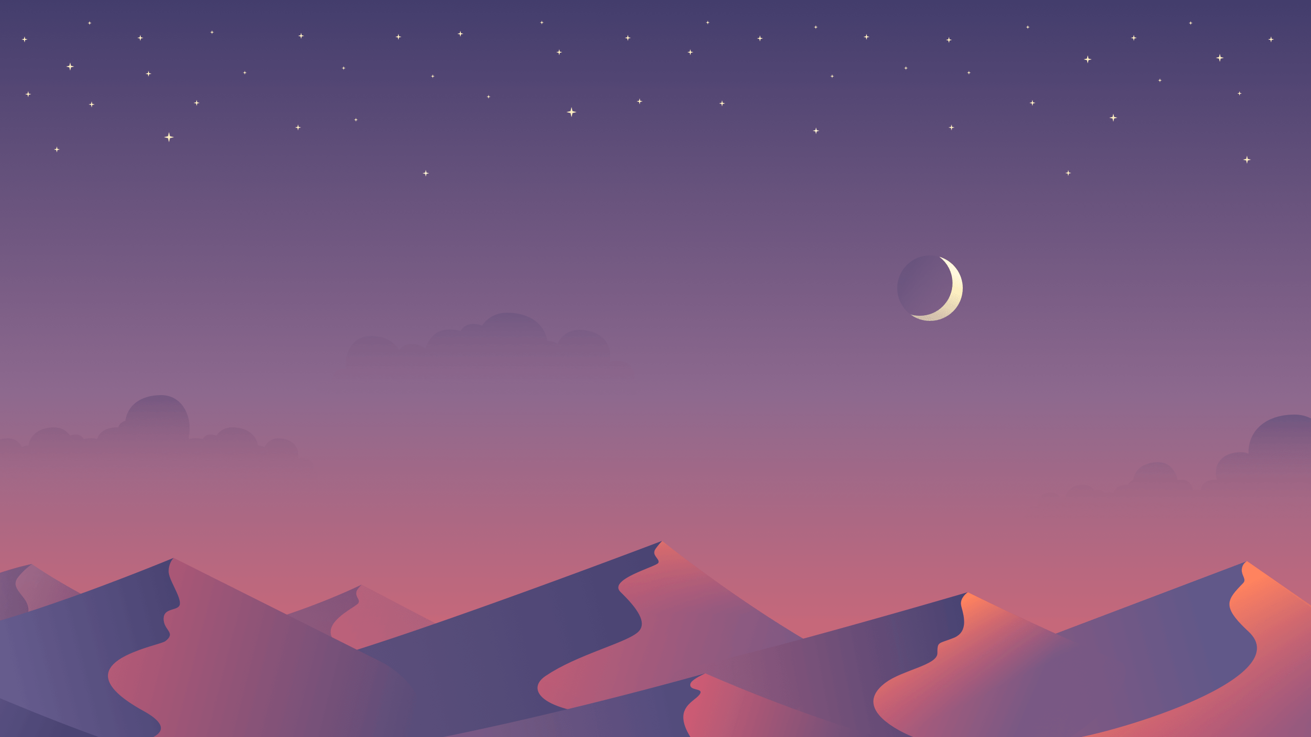 Un paisaje montañoso con luna y estrellas Fondos de pantalla