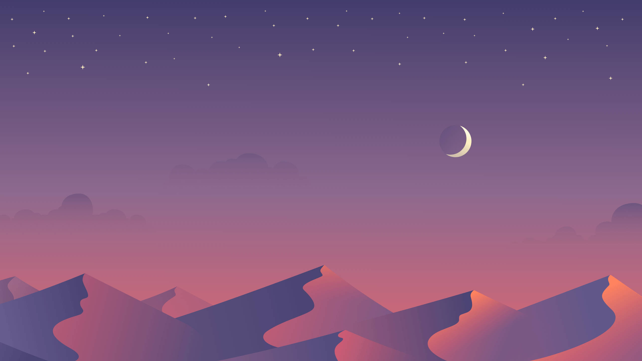 un paisaje montañoso con una luna creciente y estrellas Fondos de pantalla
