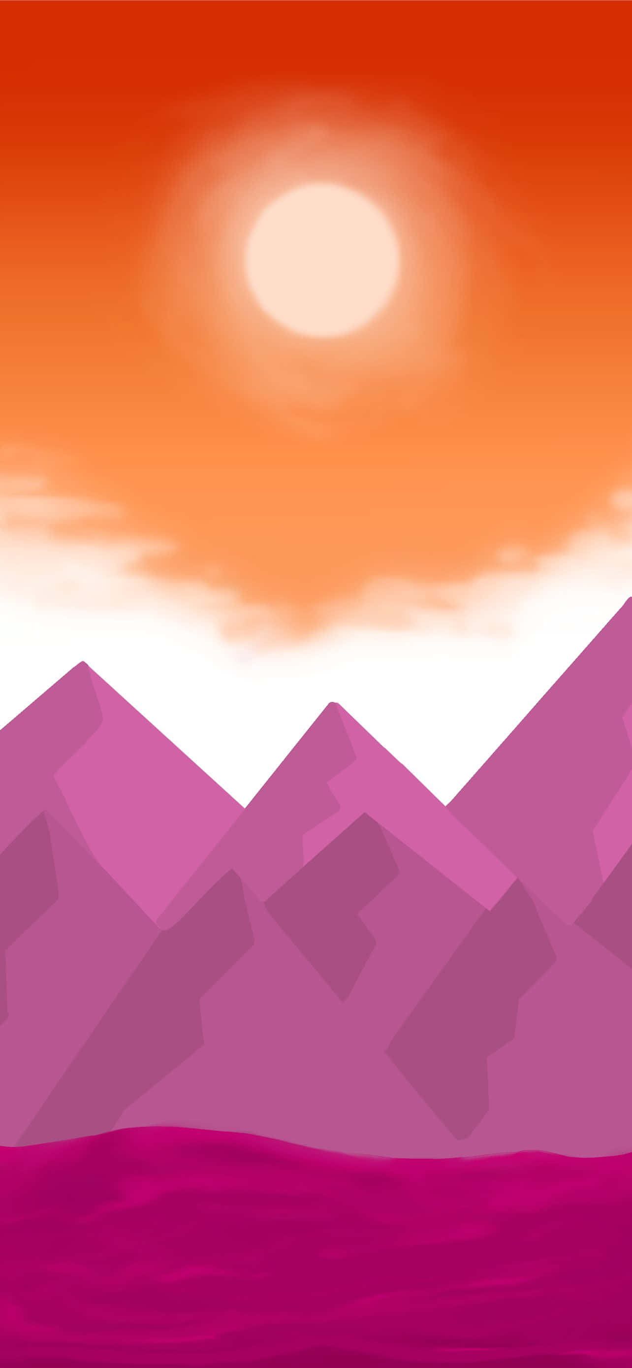 Un paisaje montañoso púrpura y rosa con un sol Fondos de pantalla