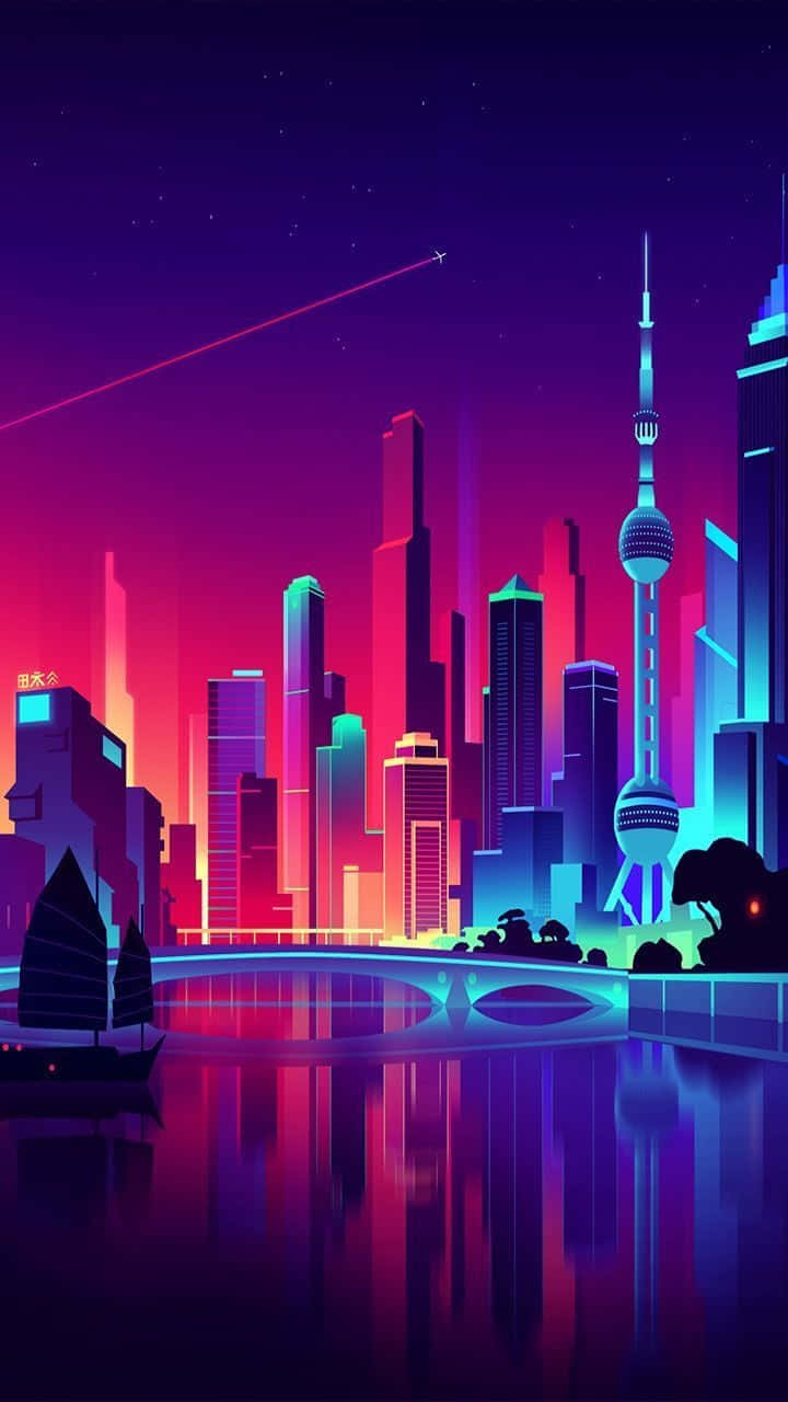 Un paisaje urbano con luces de neón y un bote Fondos de pantalla