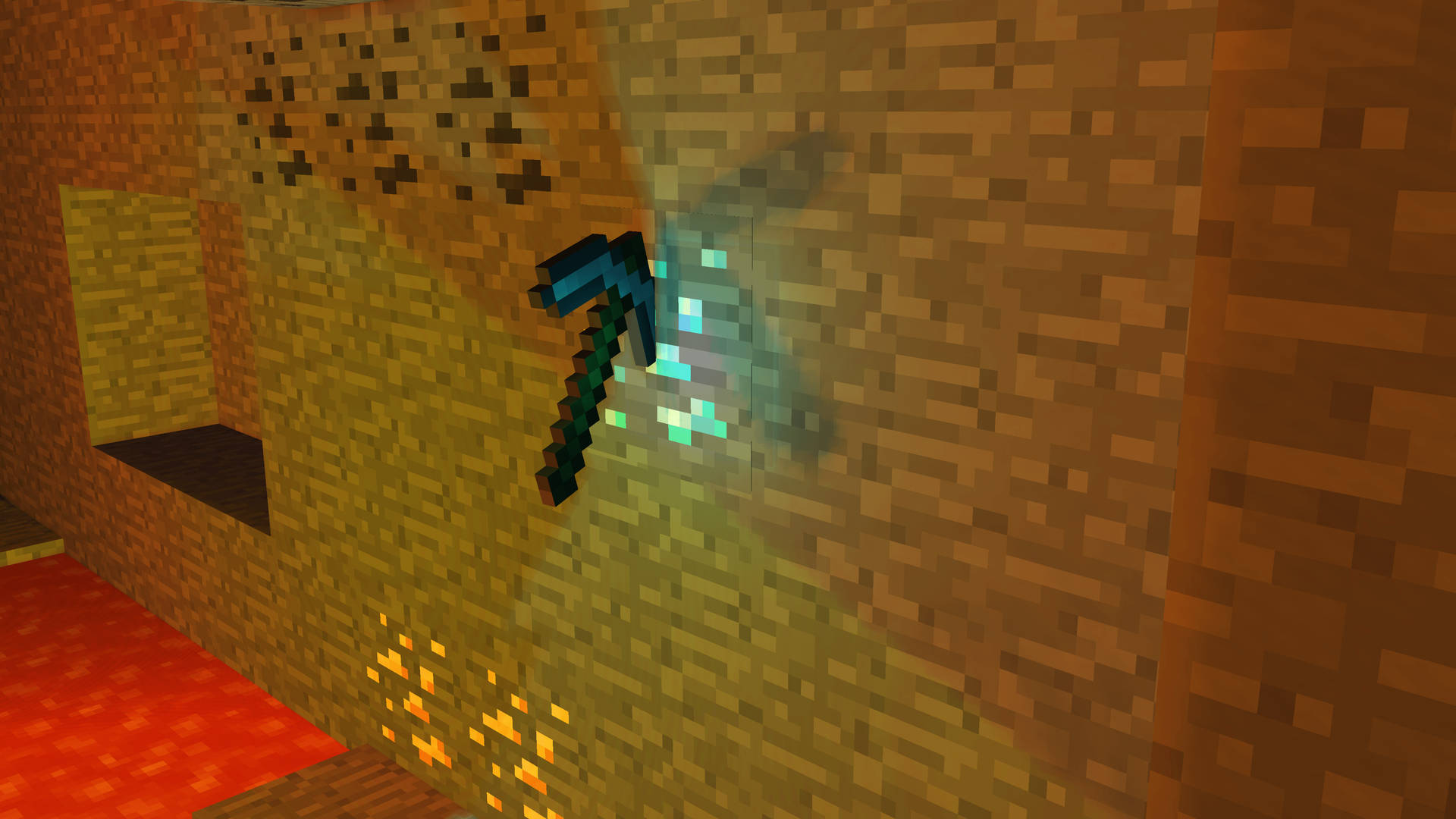 Fondo de pantalla HD de un pico de Minecraft sobre paredes de ladrillo