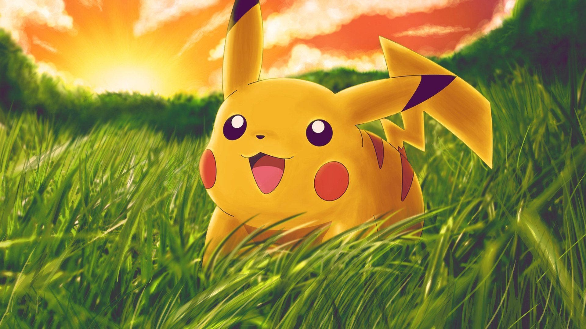 Fondo de pantalla de Pikachu en el campo con el atardecer detrás de él.