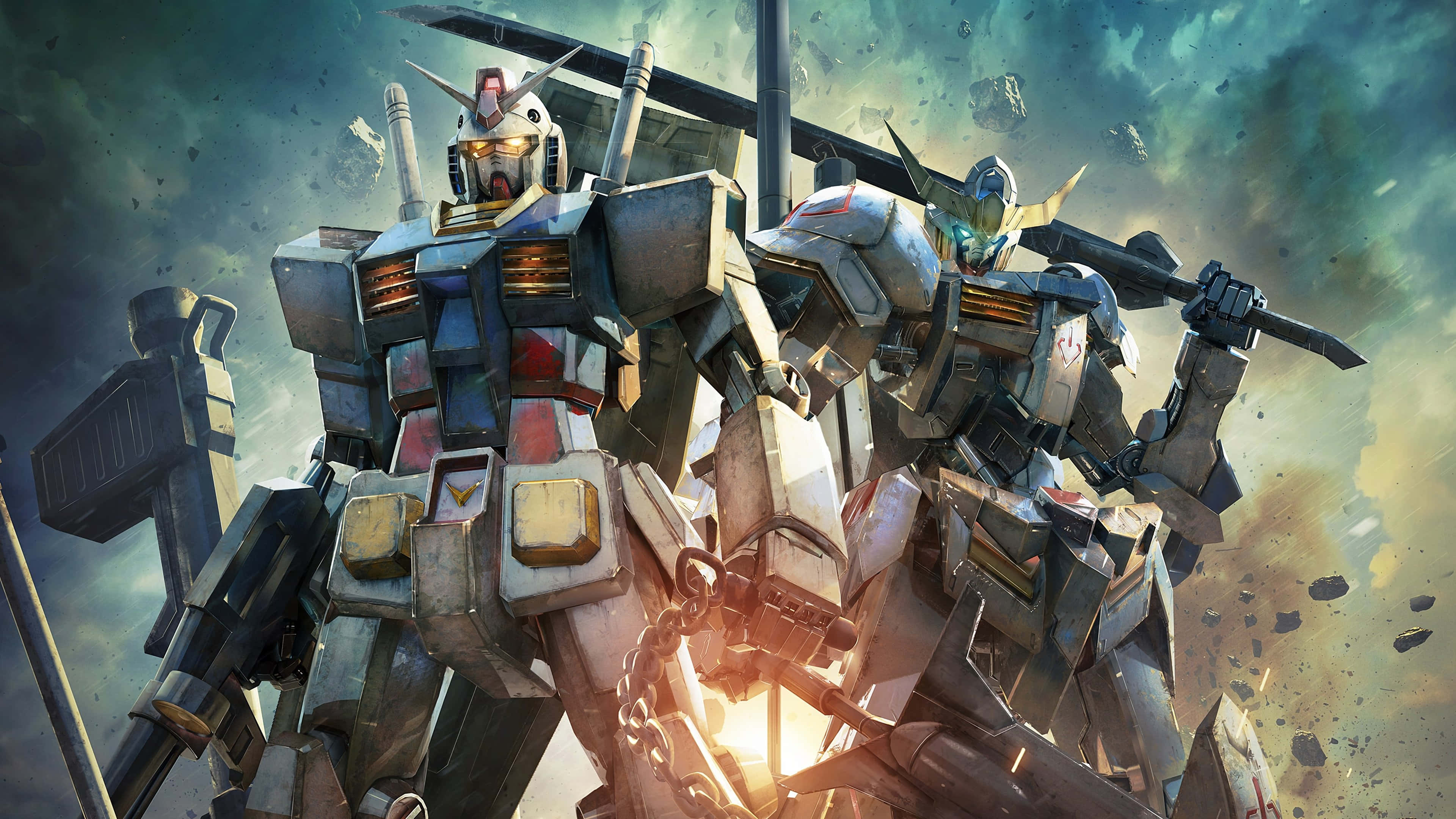 Un piloto de robot Gundam observa una metrópolis desde lo alto Fondos de pantalla