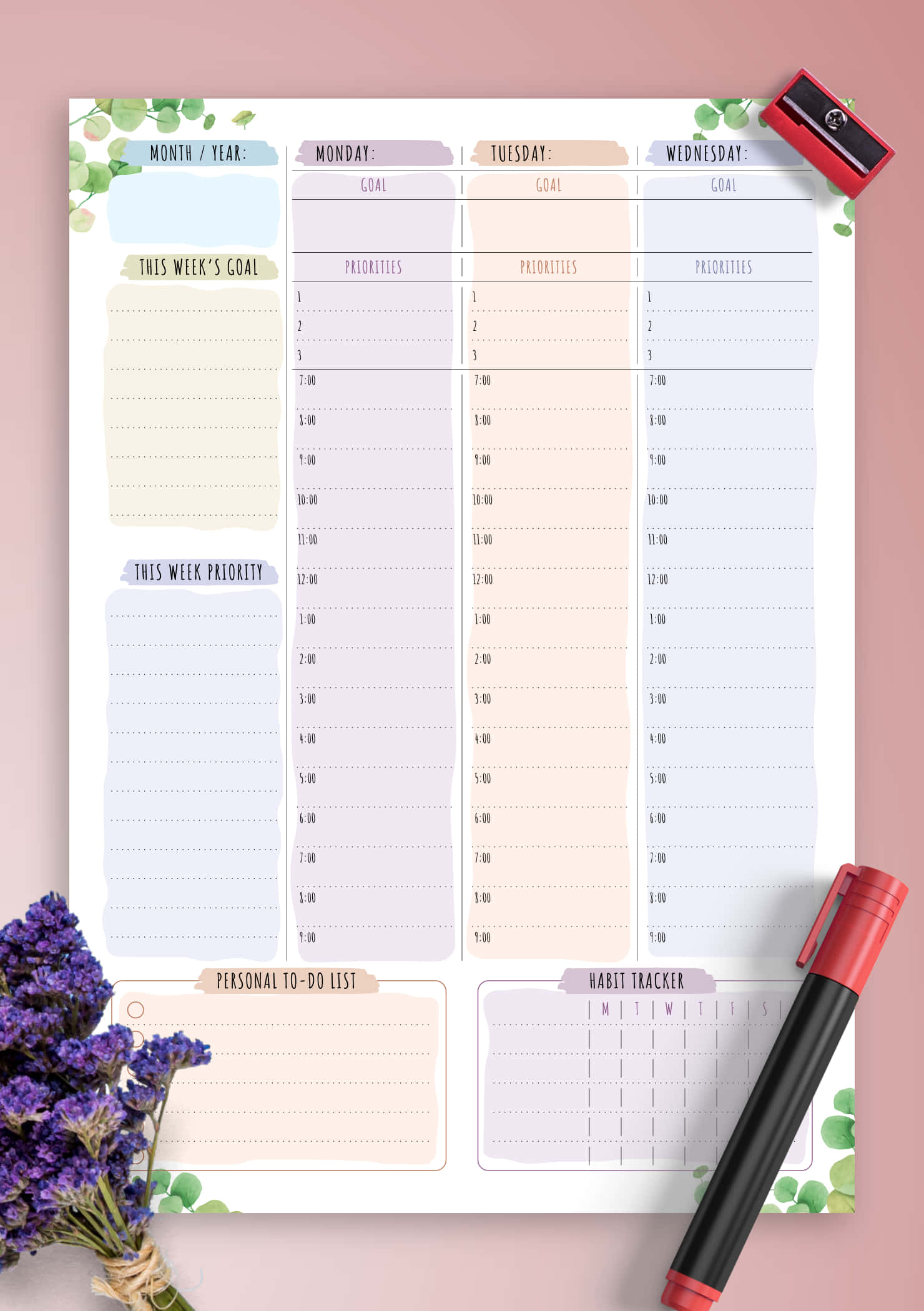 un planificador imprimible con flores moradas y un bolígrafo Fondos de pantalla