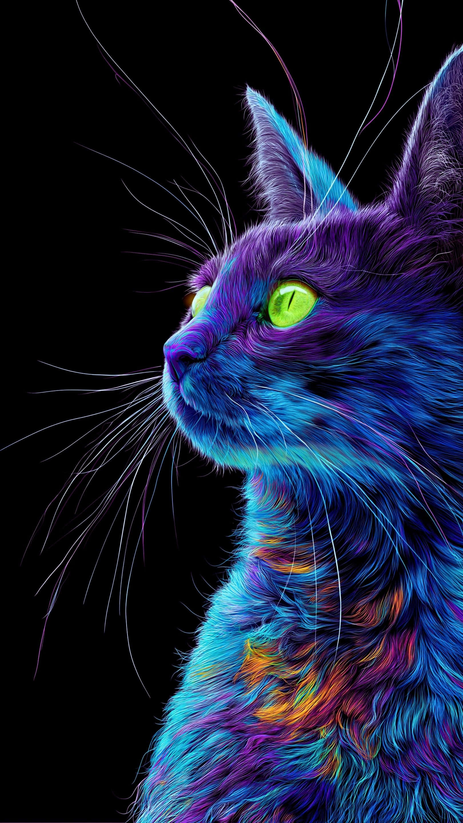 Un primer plano vibrante y artístico de un gato con pelaje azul eléctrico y púrpura, iluminado con resplandor Fondos de pantalla