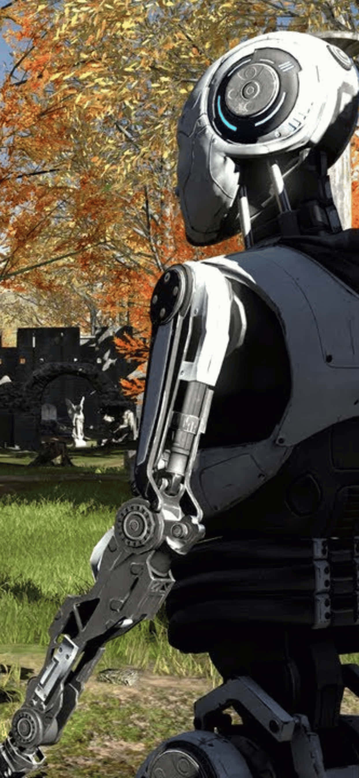 un robot está parado en un campo con árboles Fondos de pantalla