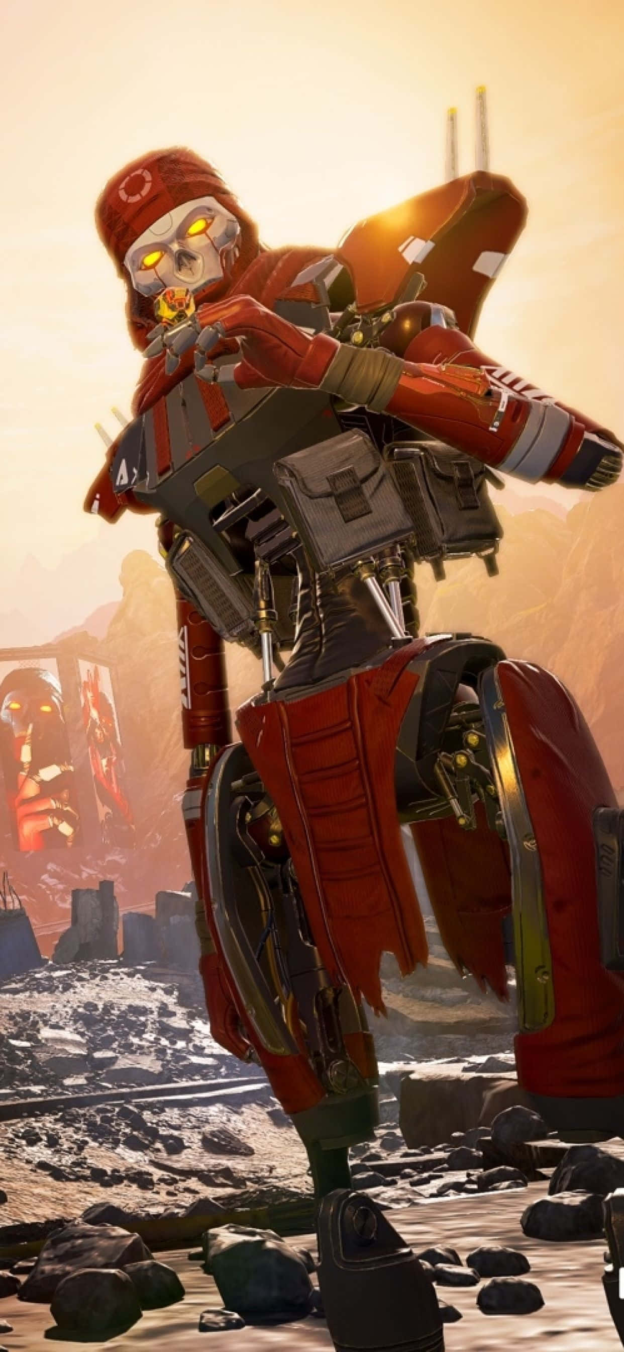 un robot rojo está parado sobre una roca Fondos de pantalla