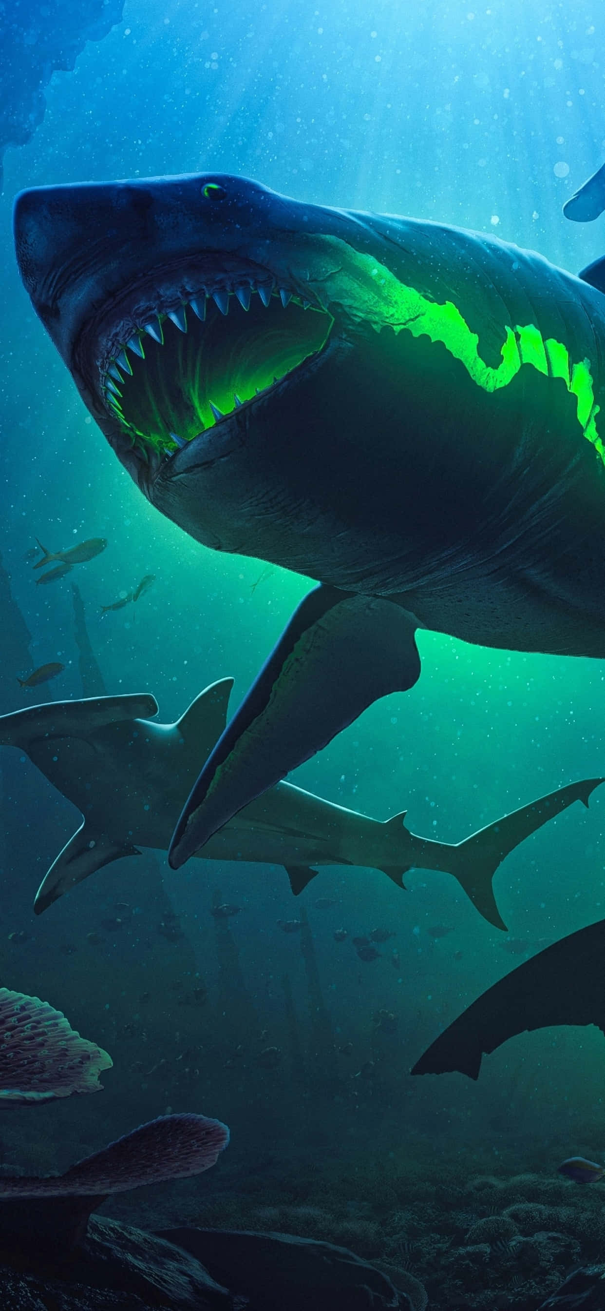 un tiburón nadando en el océano con luces verdes Fondos de pantalla