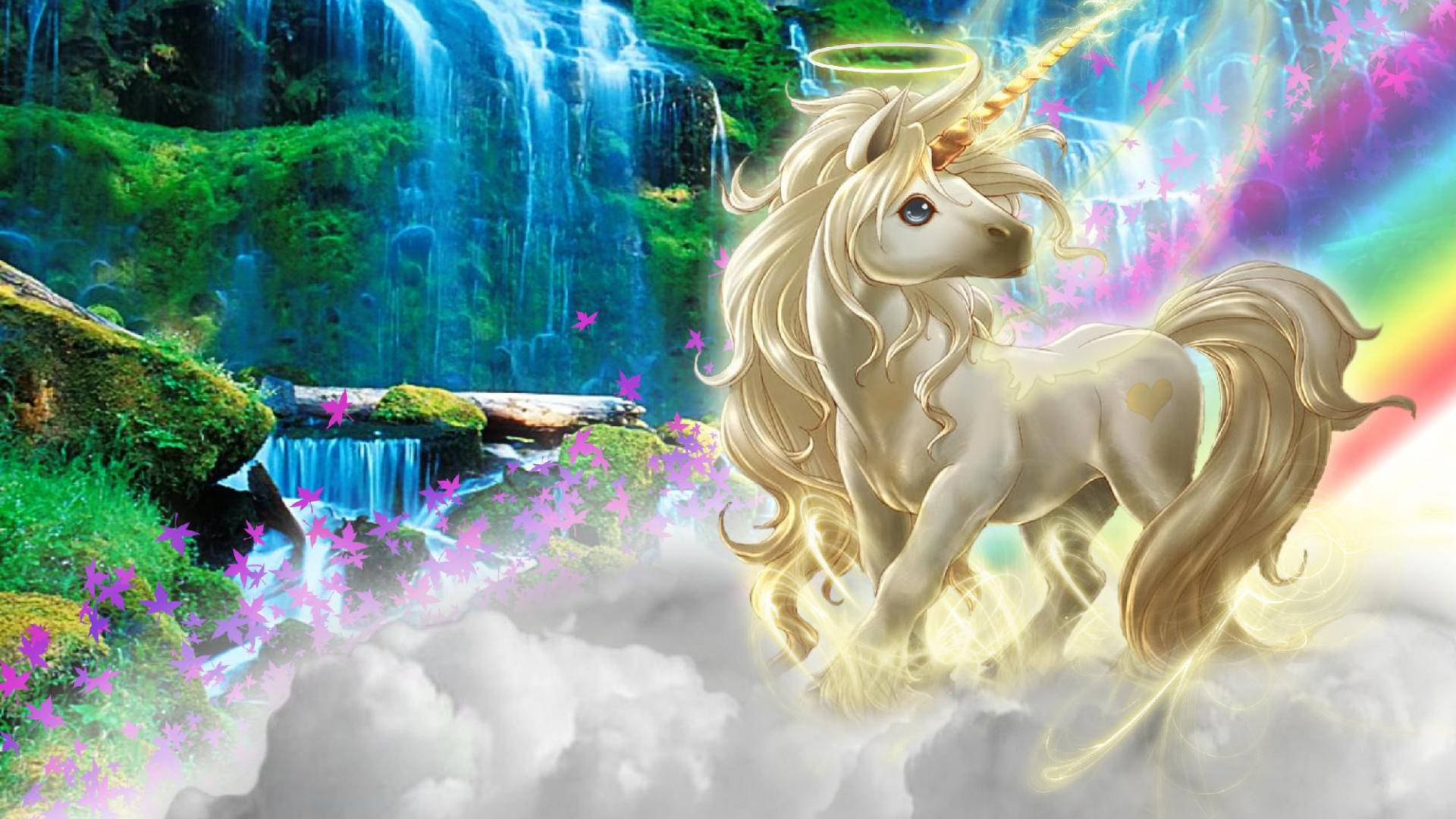 Unicornio de fantasía con cabello marrón dorado, cuerno y halo en un lugar celestial lleno de nubes, pasto verde y una cascada.