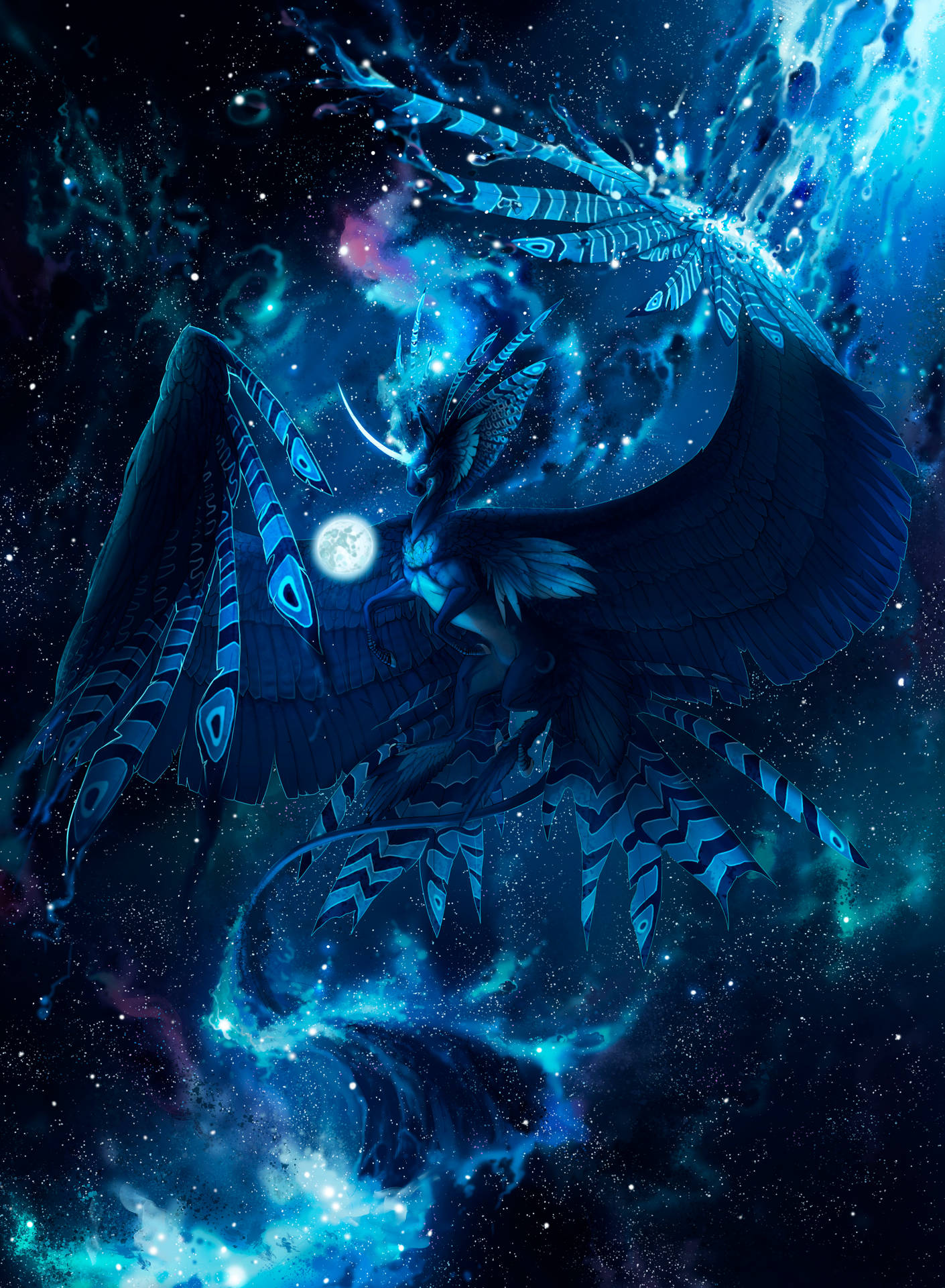 Criatura unicornio mística con fantásticas alas metálicas azules de pájaro en una galaxia brillante.