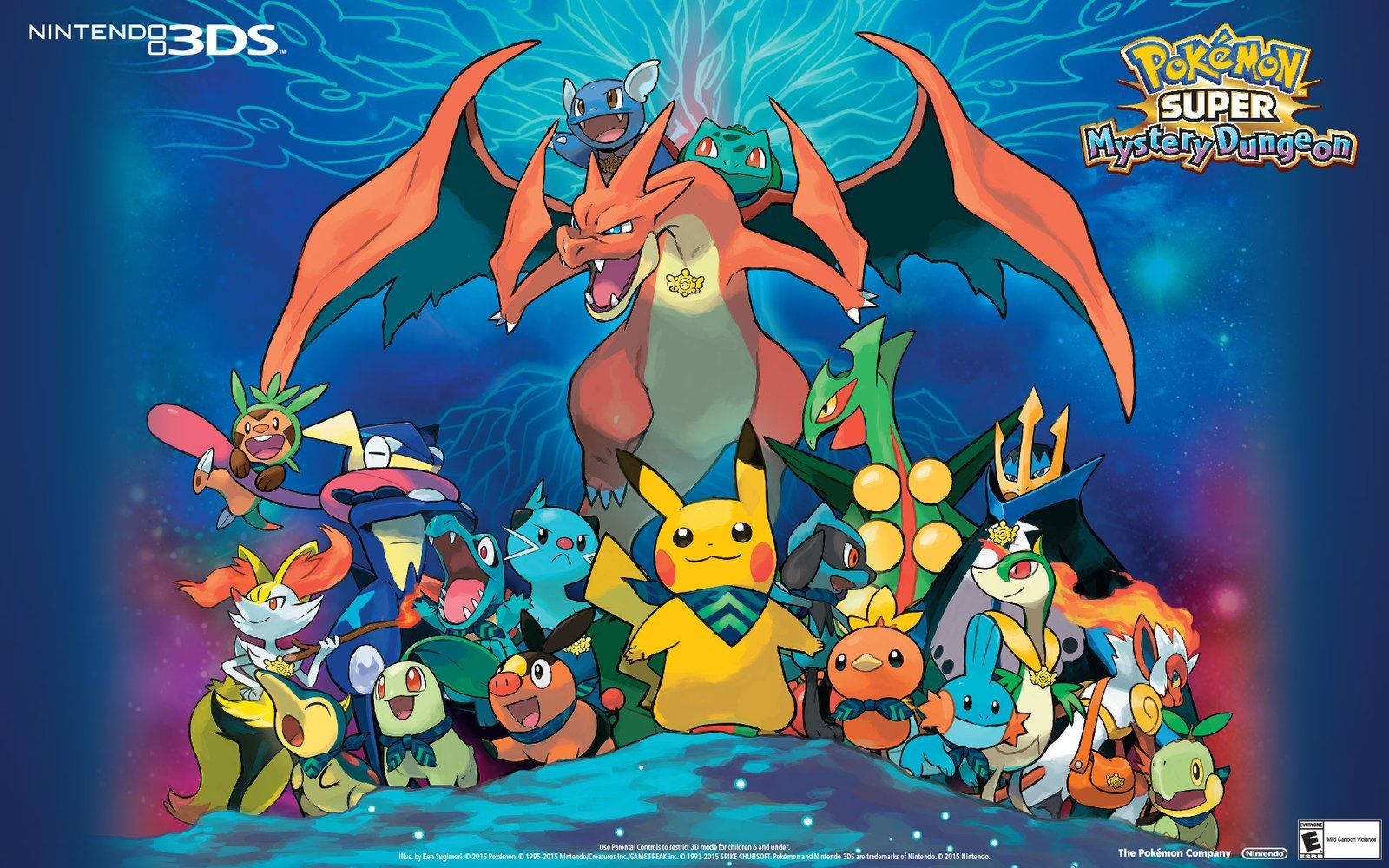 Pokémon Pikachu, Bulbasaur, Ivysaur, Charmeleon, Charizard y Squirtle junto con otros Pokémon en el mundo misterioso.