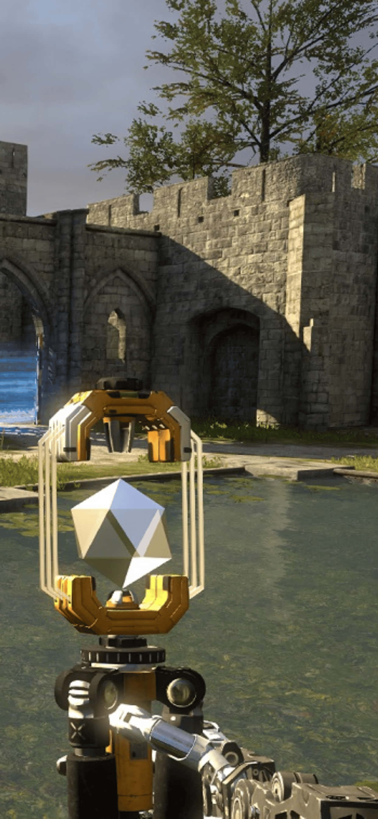 Un videojuego con un arma y un castillo Fondos de pantalla