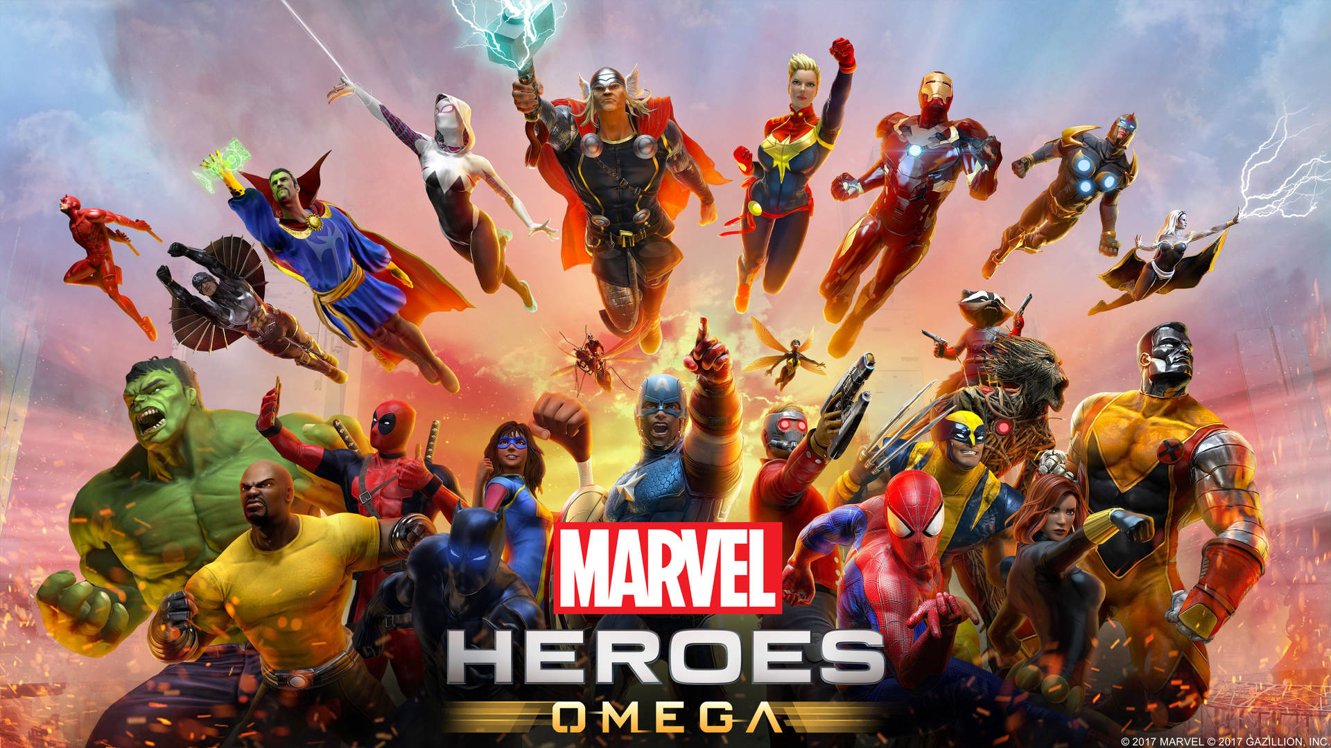 Superhéroes de Marvel omega con personajes volando.