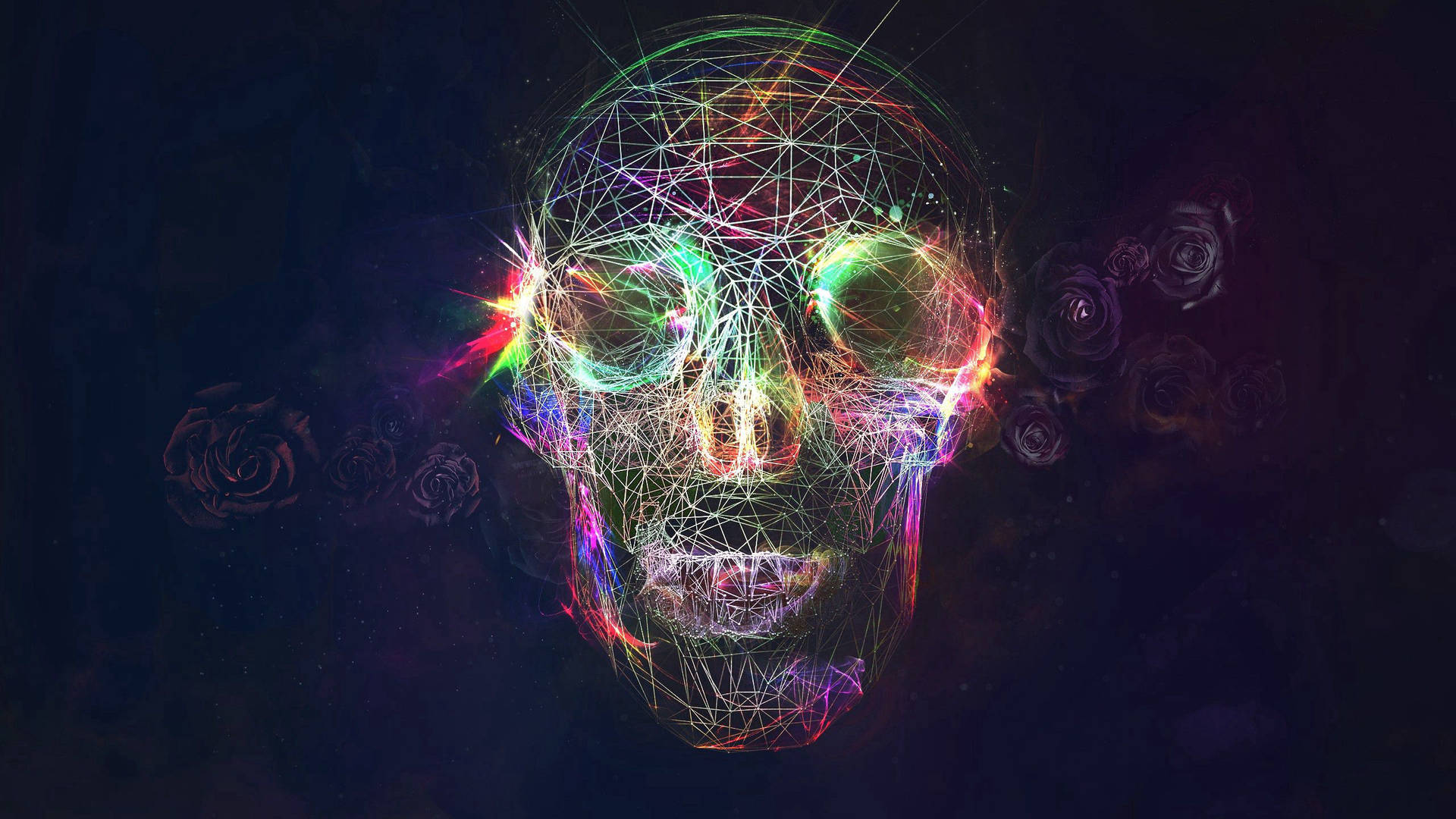 Calavera con luces coloridas y patrón geométrico.