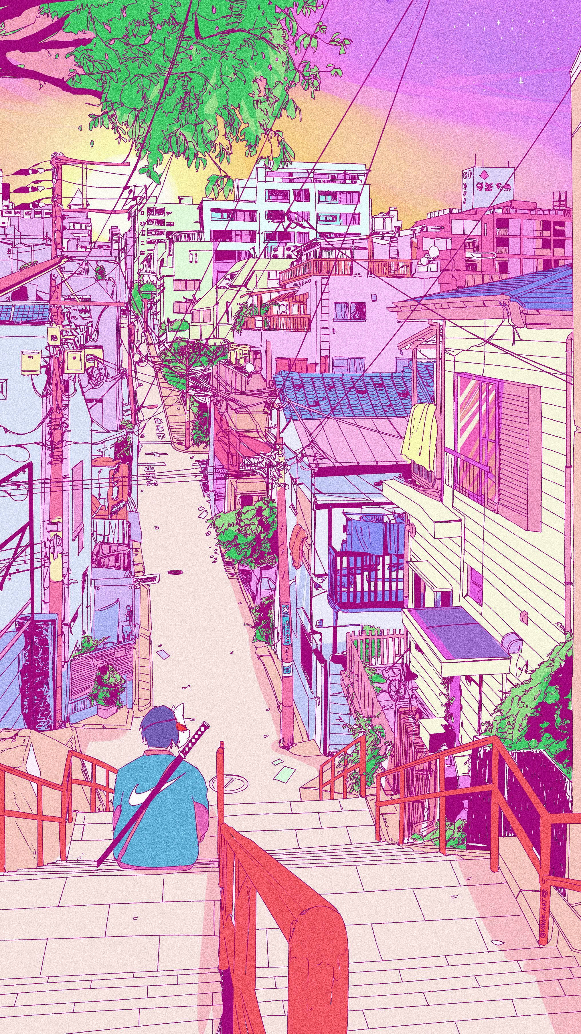 Una calle con un hombre bajando las escaleras Fondos de pantalla