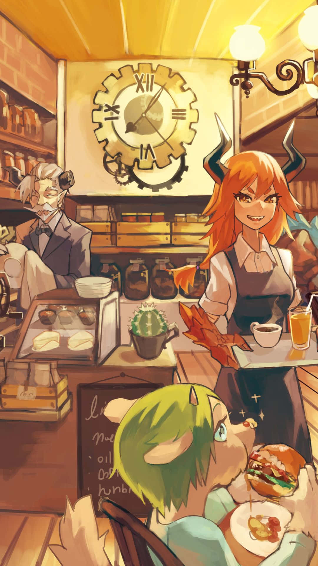 una caricatura de una mujer sirviendo comida en un café Fondos de pantalla