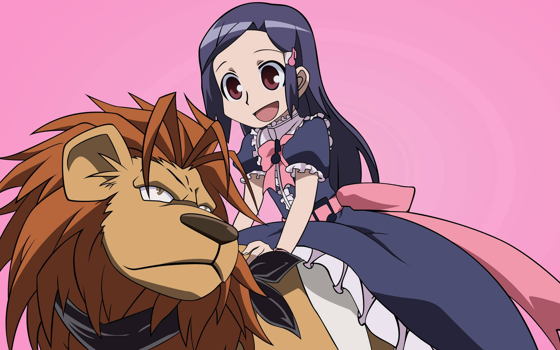 Fondo de pantalla de chica anime feliz montando un león marrón serio