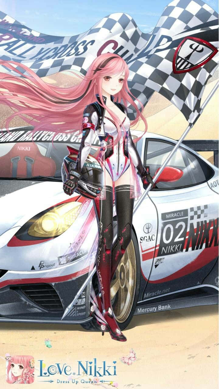 una chica con cabello rosa parada junto a un auto de carreras Fondos de pantalla