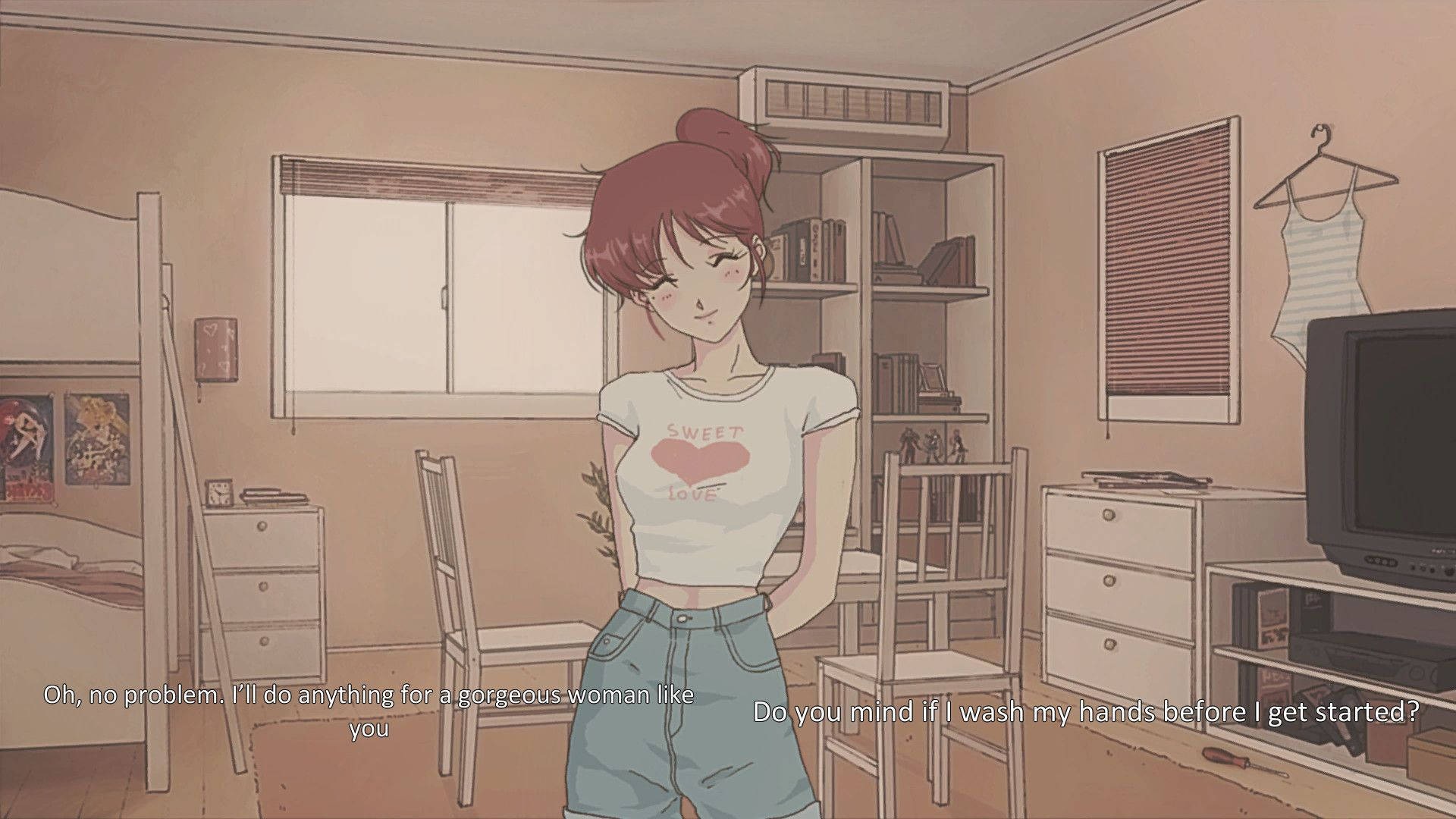 una chica en una habitación con una cama y un escritorio Fondos de pantalla