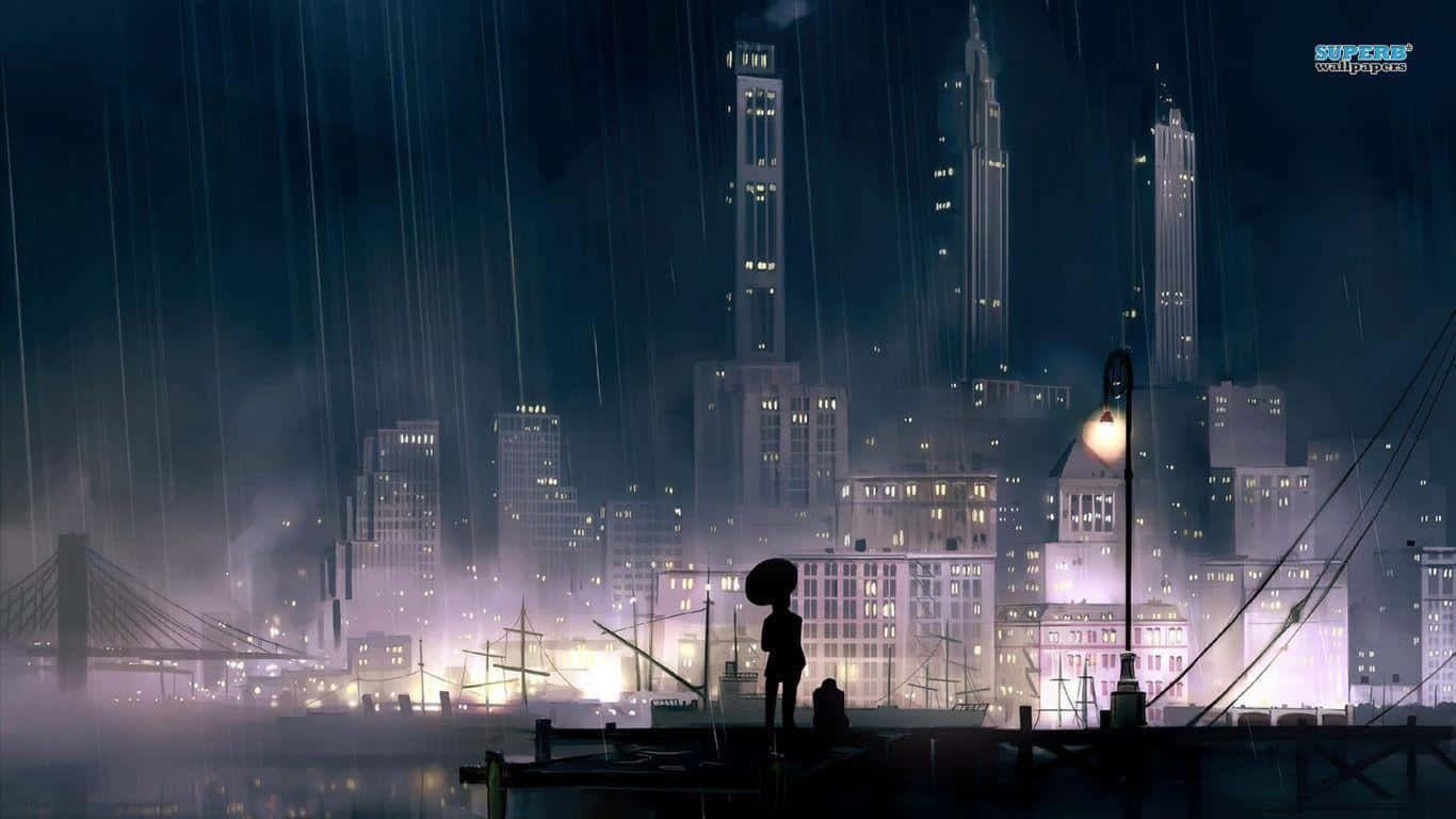Una ciudad bajo la lluvia con una persona de pie en el agua Fondos de pantalla
