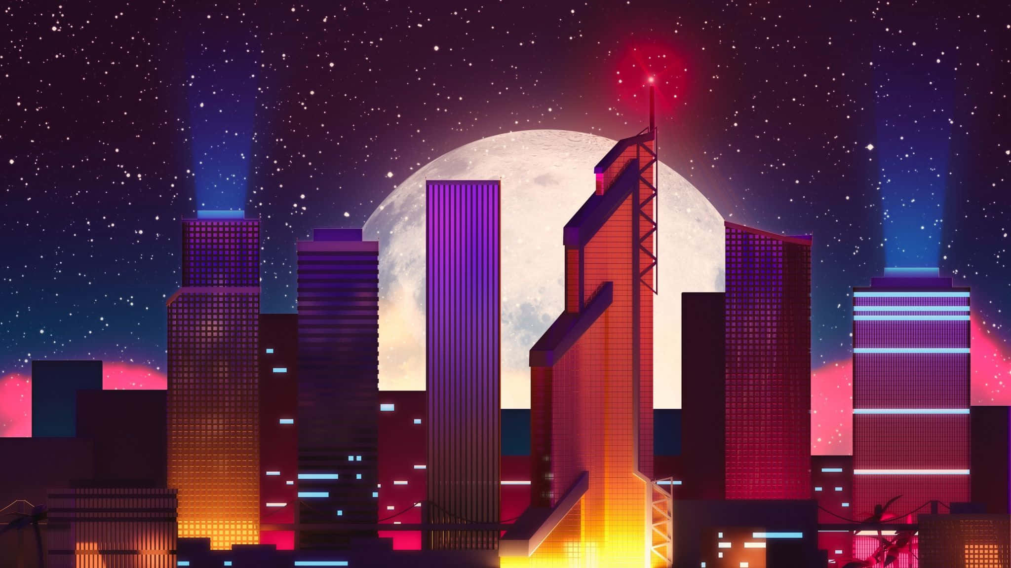 una ciudad con luna llena y luces brillantes Fondos de pantalla