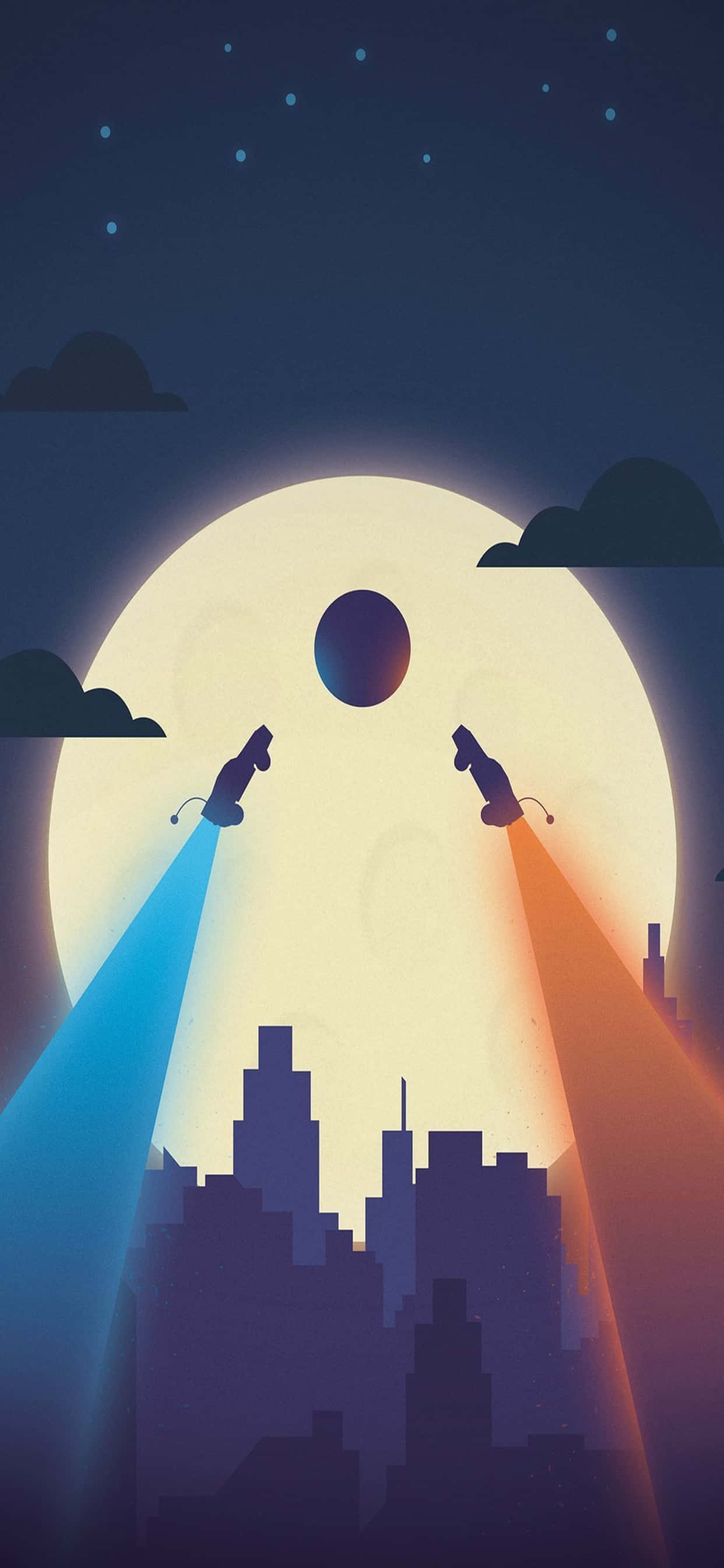 una ciudad con luna y dos aviones Fondos de pantalla