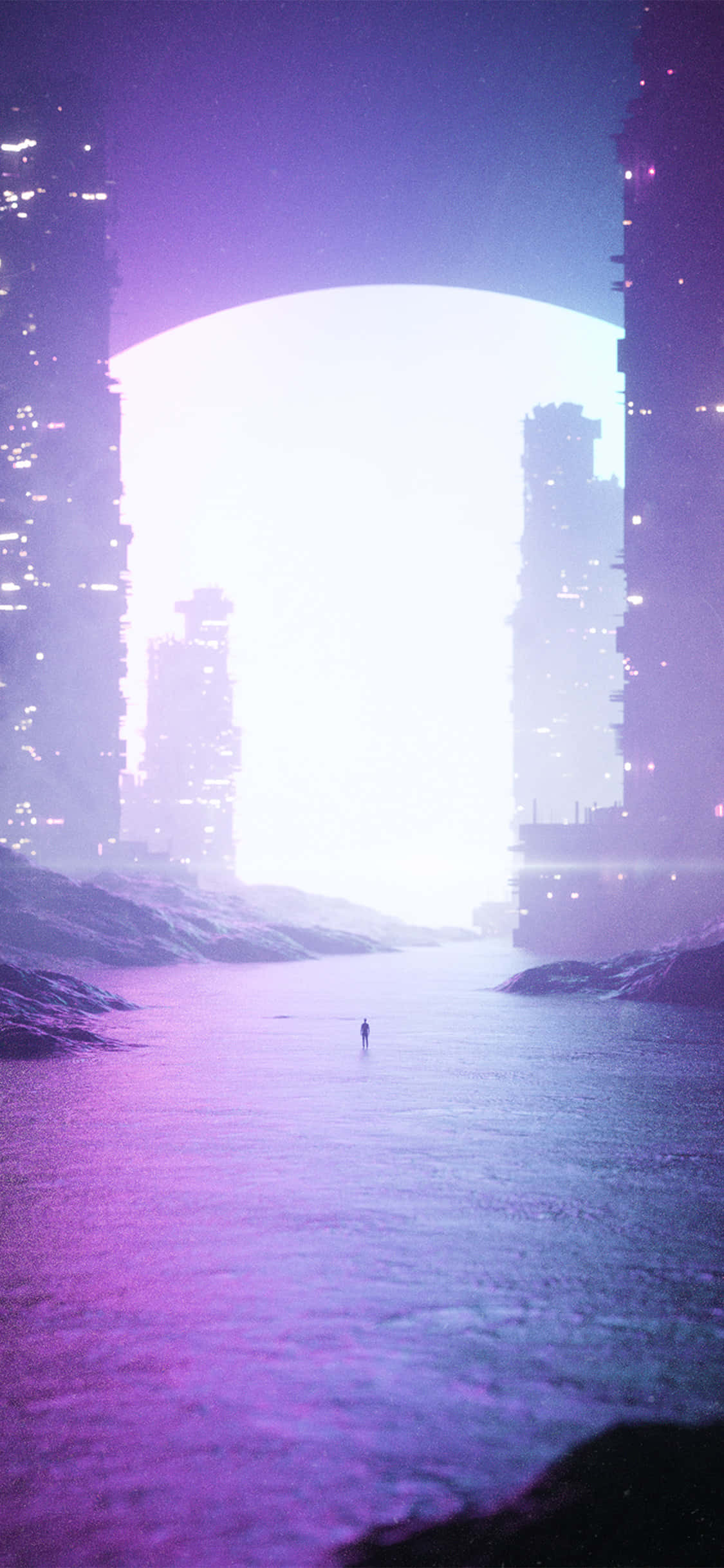 una ciudad con un cielo púrpura y una ciudad al fondo Fondos de pantalla
