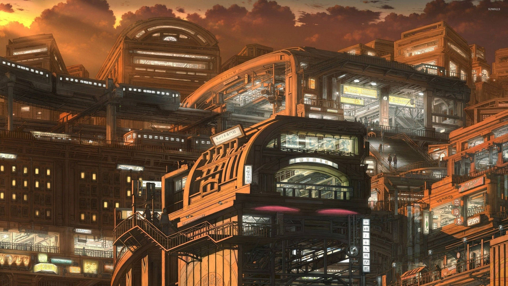 Fondo de pantalla de una ciudad asiática futurista de anime con edificios comerciales.