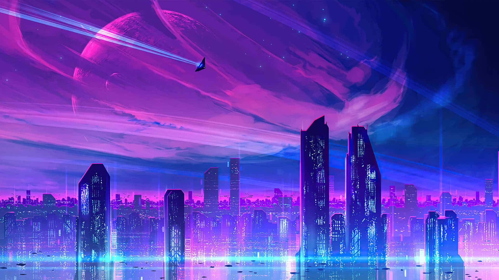 una ciudad futurista con luces púrpuras y edificios Fondos de pantalla