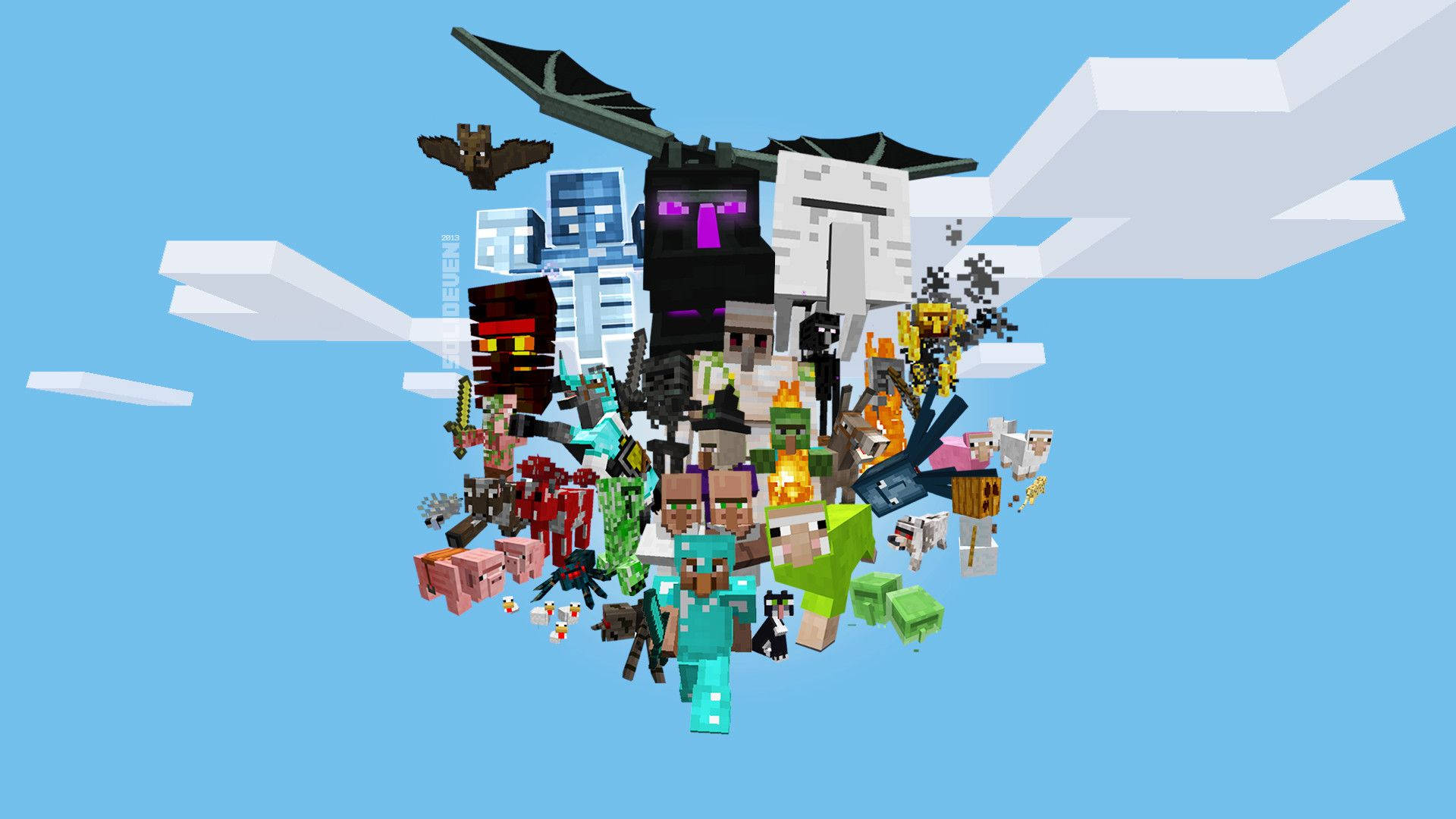 Una colección de criaturas en los cielos del mediodía de Minecraft Fondos de pantalla