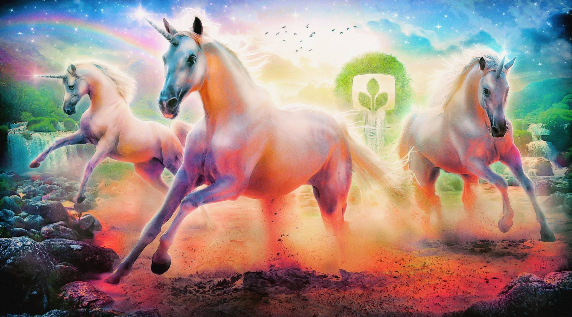 Arte de unicornio con polvo colorido rojo en una pintura de arcoíris con caballos mágicos corriendo.