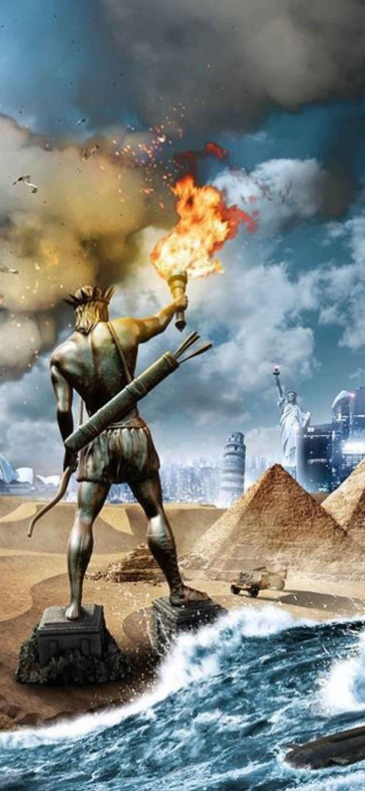 una estatua de un hombre sosteniendo una antorcha en el desierto Fondos de pantalla