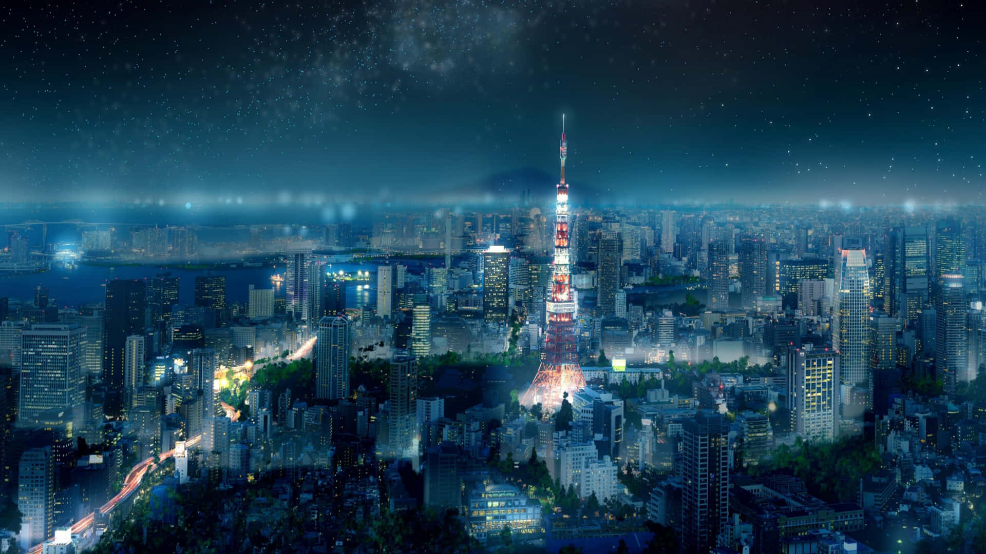 Una fascinante vista nocturna del horizonte de Tokio con un toque anime Fondos de pantalla
