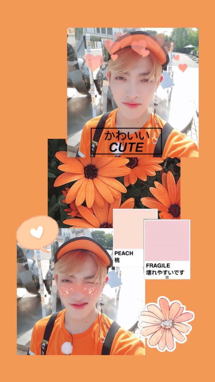 una foto de un hombre con camisa naranja y flores Fondos de pantalla