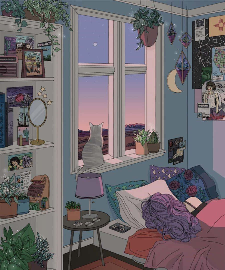 una habitación con una cama, una ventana y plantas Fondos de pantalla