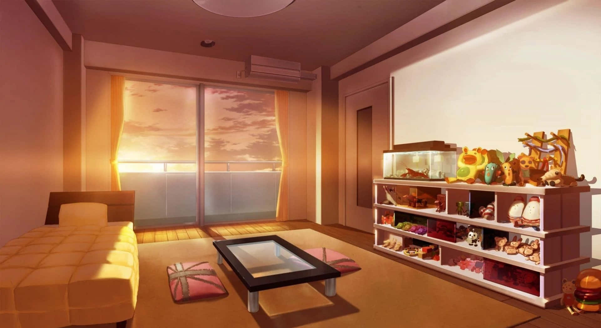 una habitación con una cama, un escritorio y un estante Fondos de pantalla
