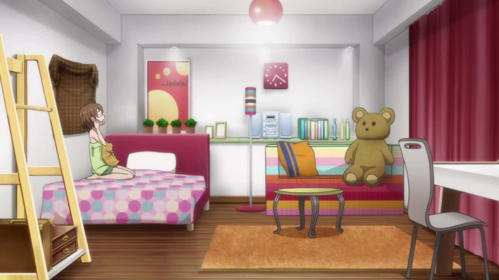 una habitación con una cama, un escritorio y un oso de peluche Fondos de pantalla