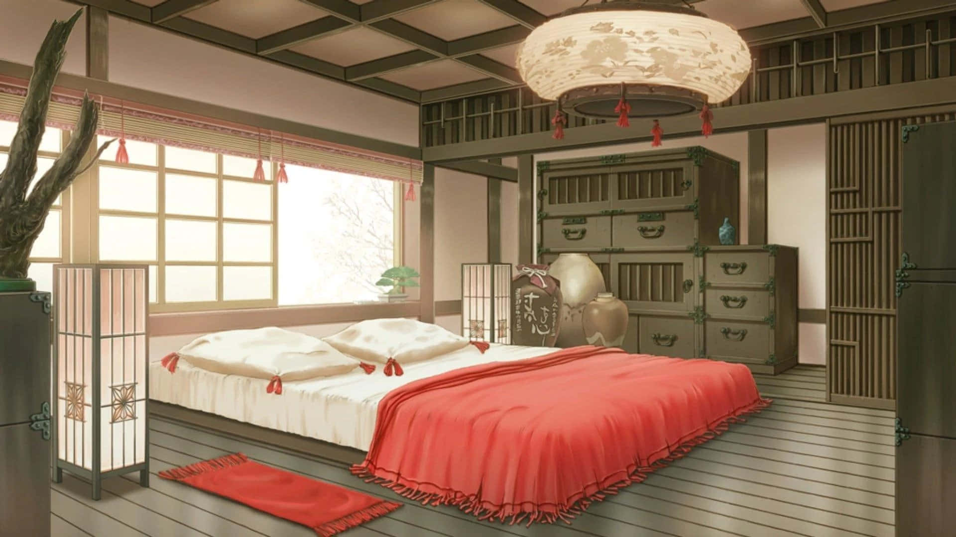 una habitación con cama roja y lámpara Fondos de pantalla